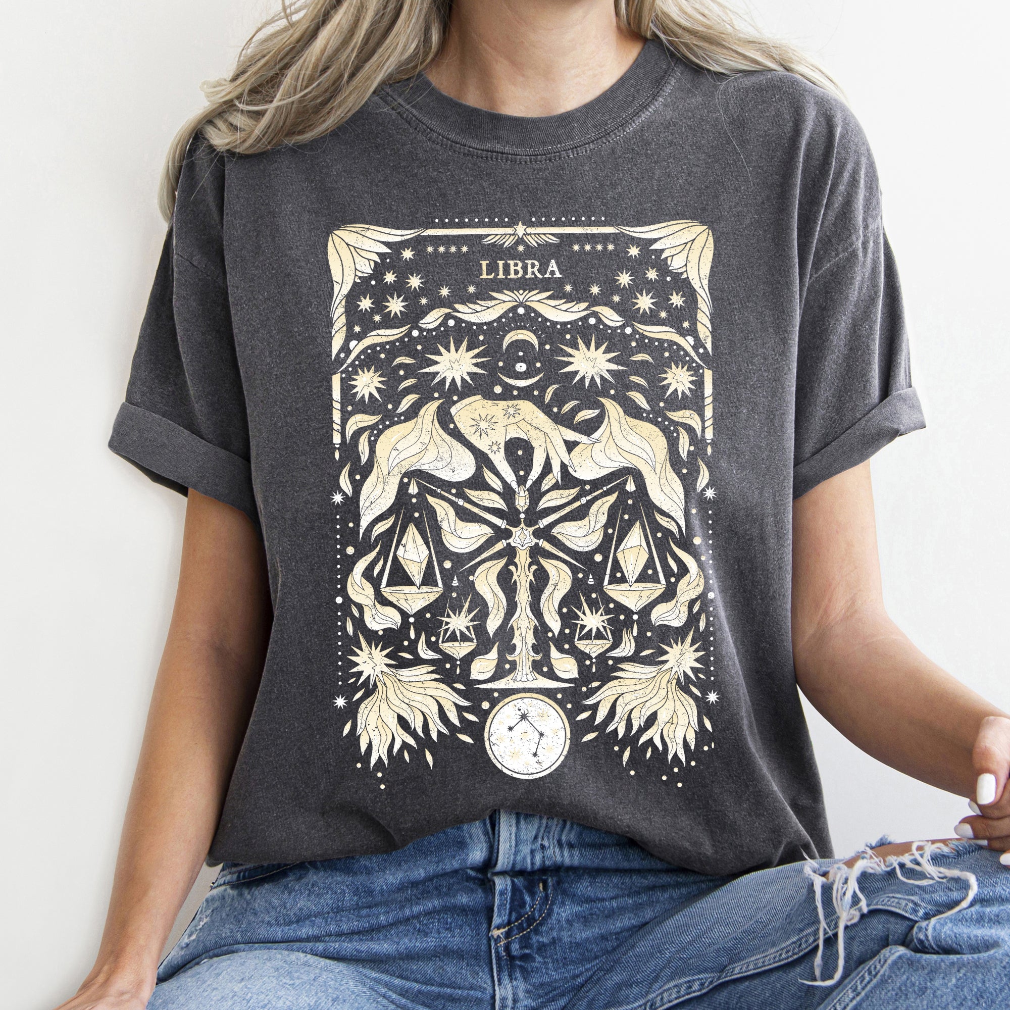 Libra Celestial Zodiac Horoscope Astrology Moon Phases Stars Constellation Comfort Colors Tee