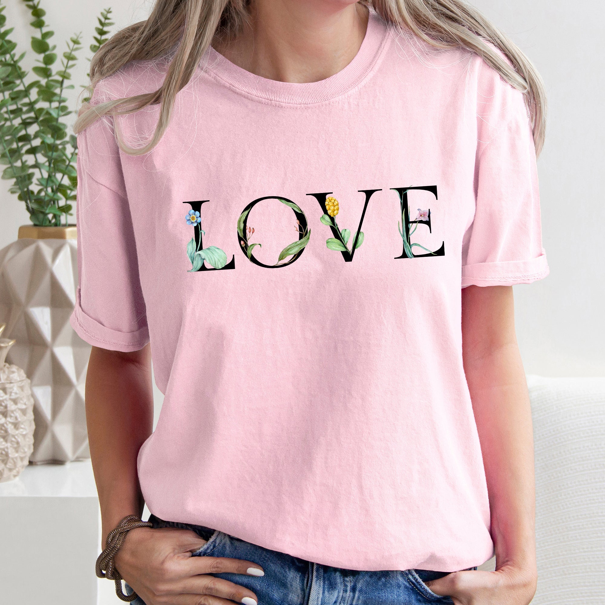 Love Flowers Valentines Day Edition Vintage Script With Faded Retro Look Comfort Colors Tee