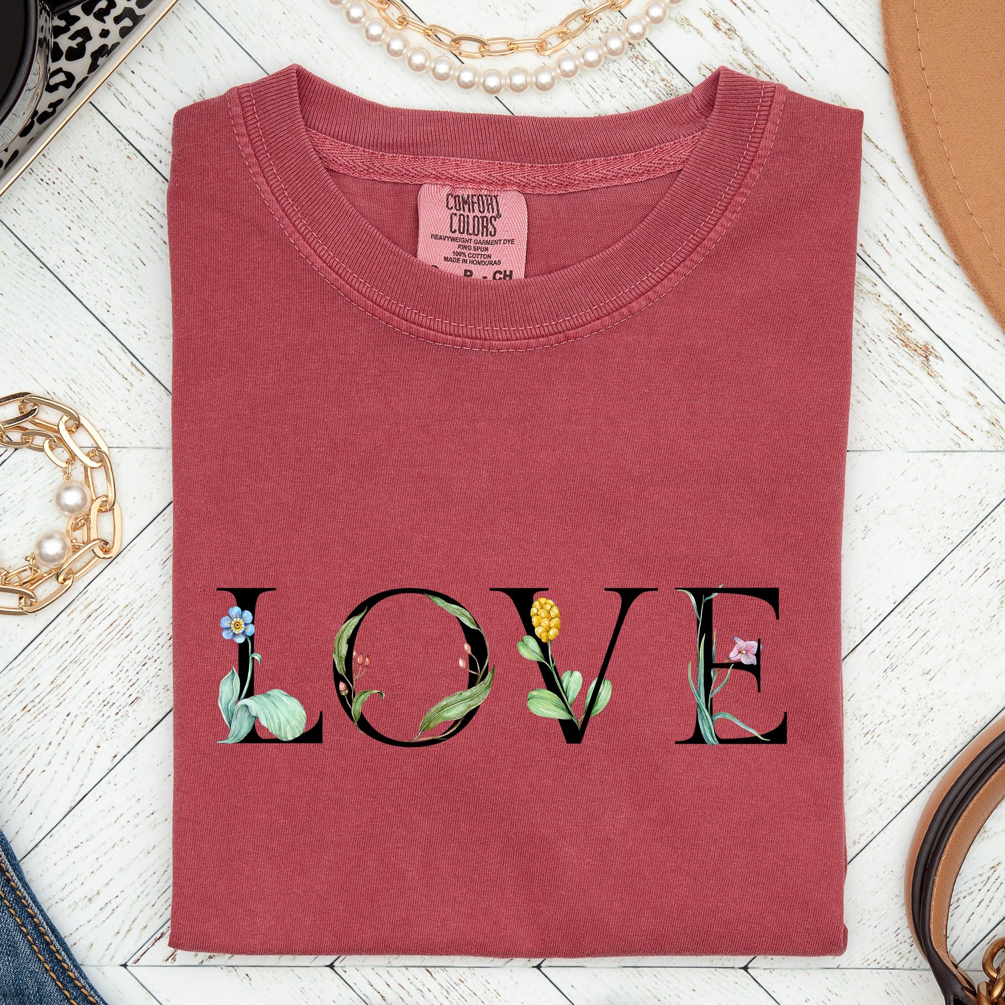 Love Flowers Valentines Day Edition Vintage Script With Faded Retro Look Comfort Colors Tee