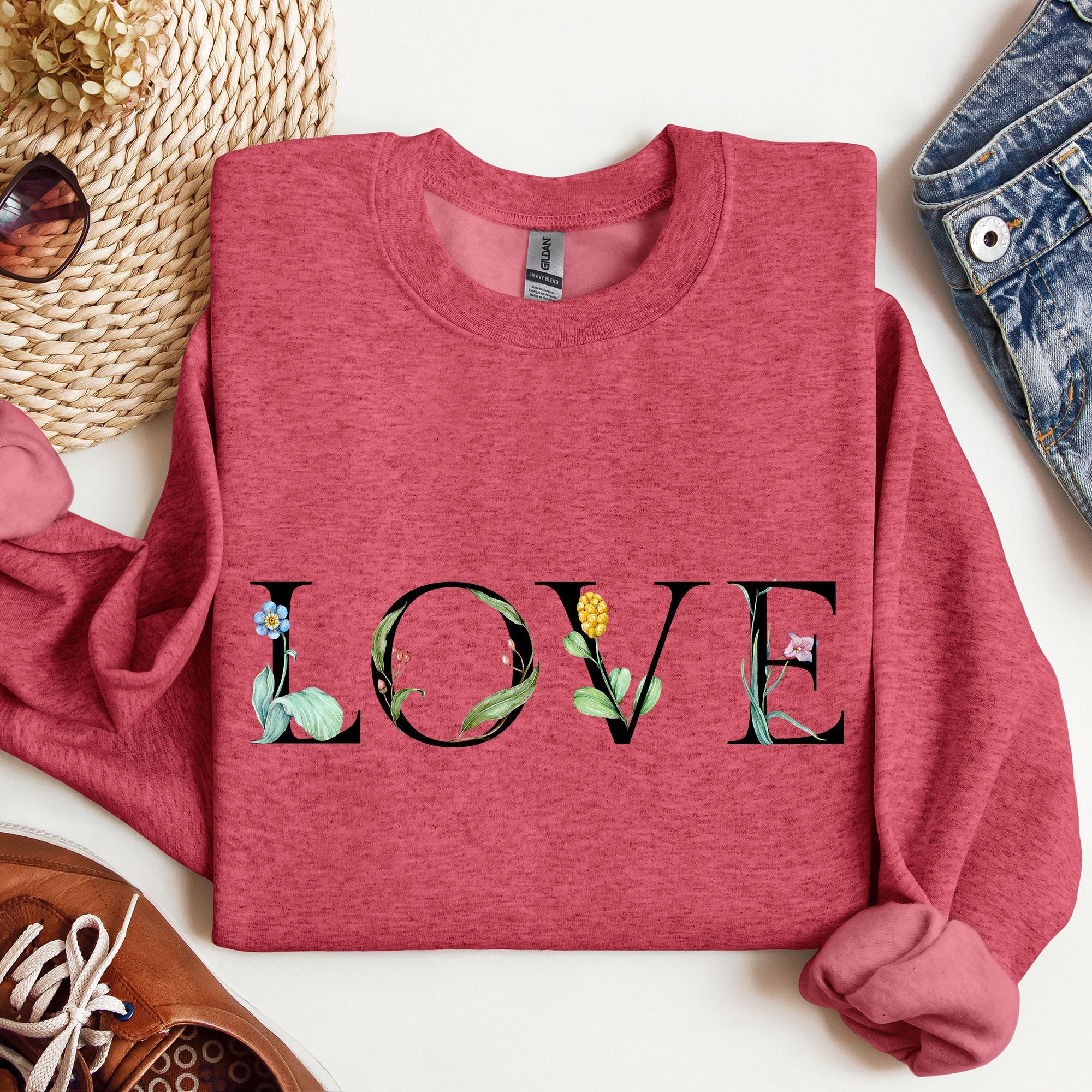 Love Flowers Valentine's Day Blooming Floral Design With Heart Accents And Cozy Fleece Sweatshirt