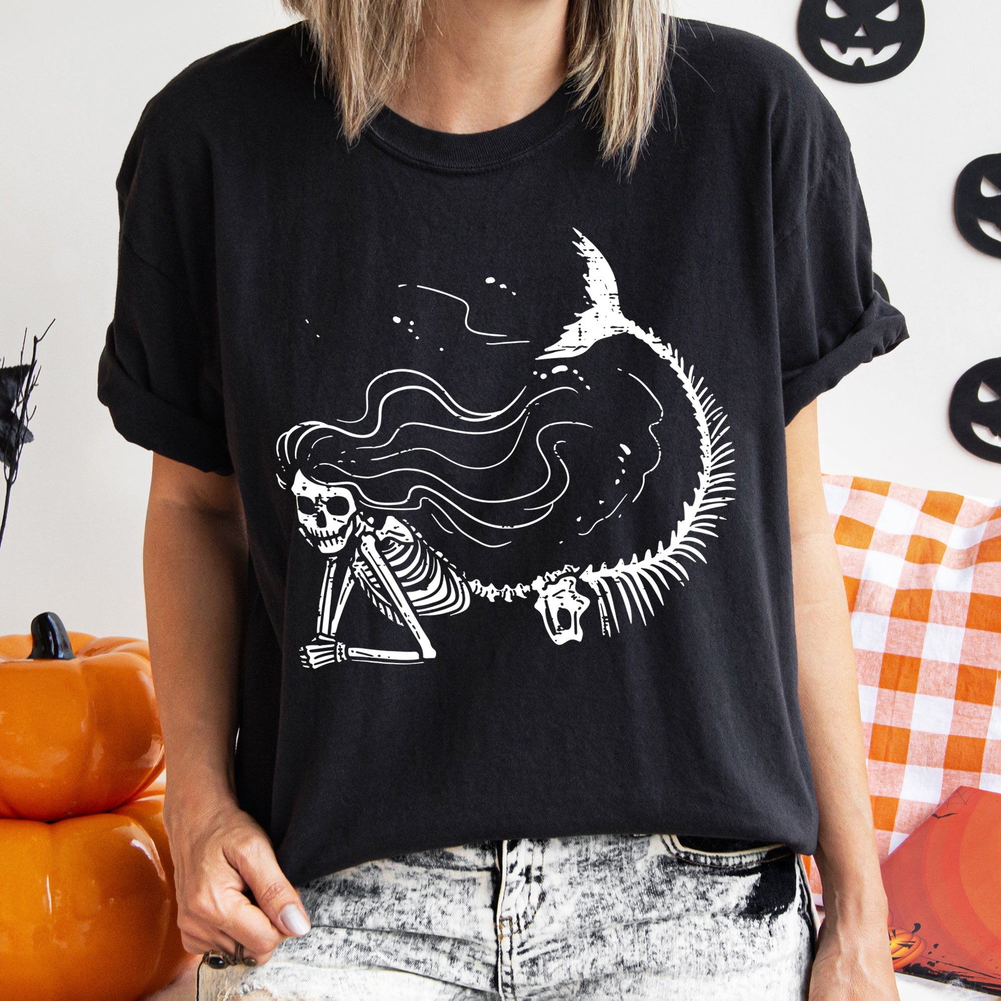 Mermaid Skeleton Retro Halloween Night Sea Fantasy Illustration Vintage Style Artwork Comfort Colors Tee