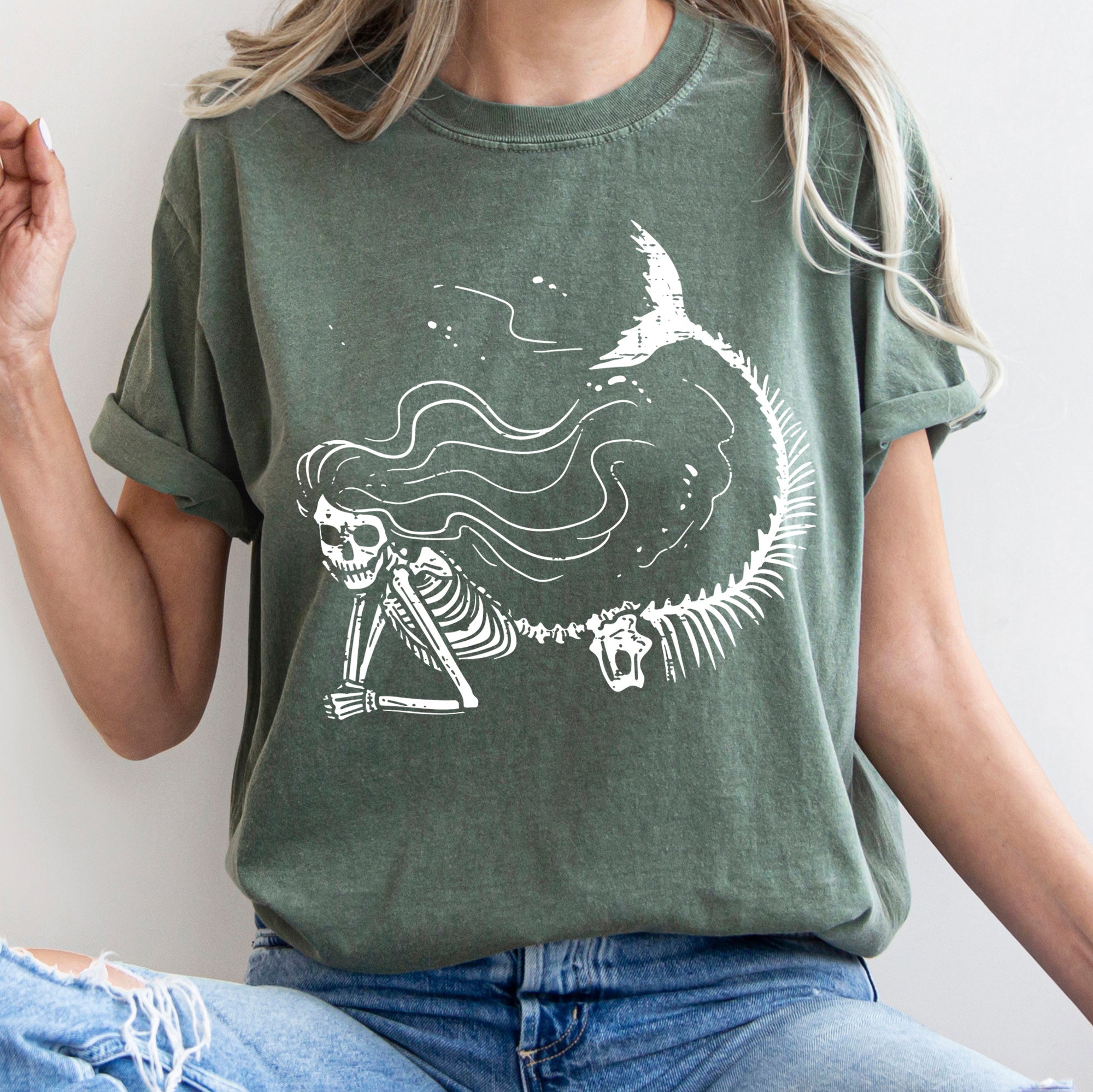Mermaid Skeleton Retro Halloween Night Sea Fantasy Illustration Vintage Style Artwork Comfort Colors Tee