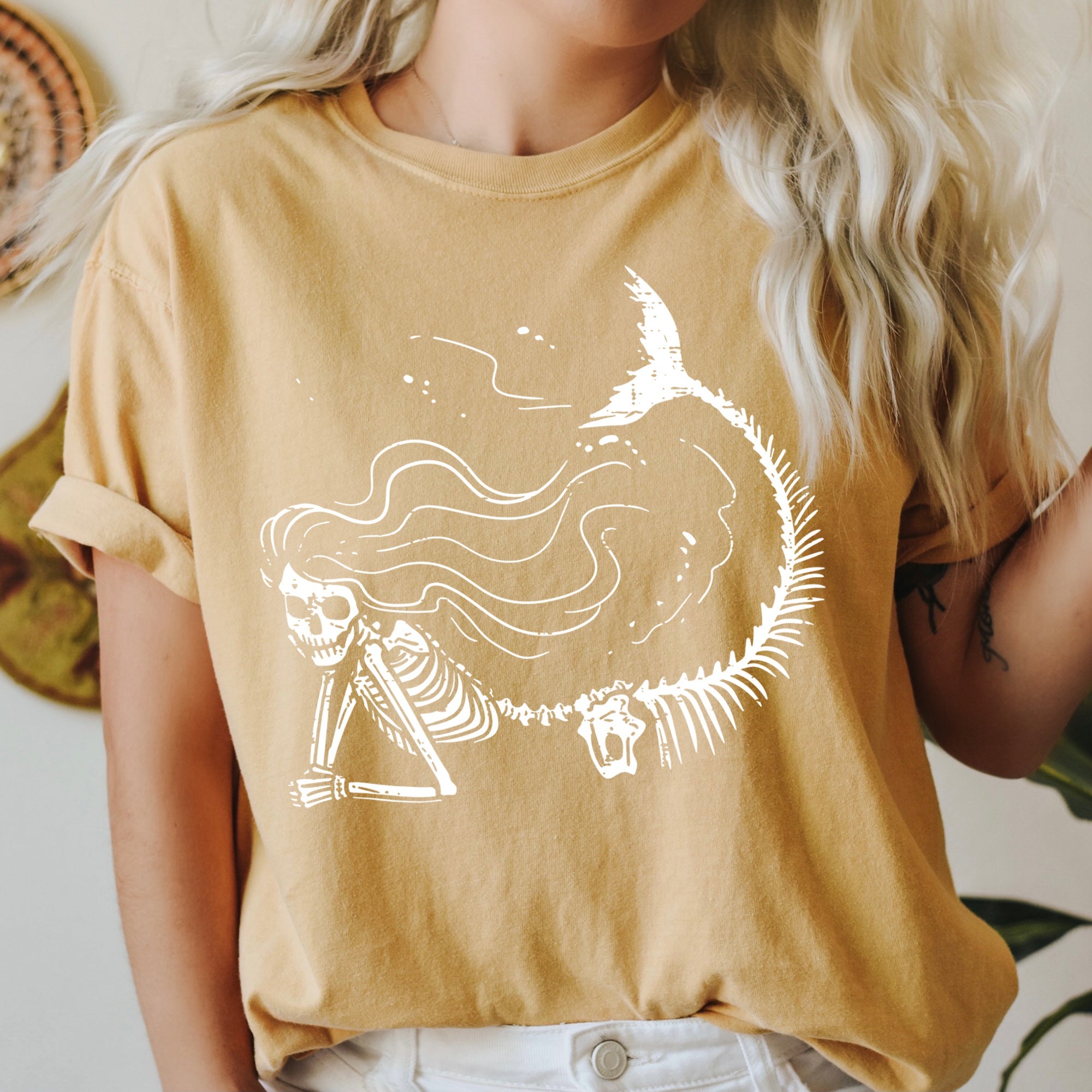 Mermaid Skeleton Retro Halloween Night Sea Fantasy Illustration Vintage Style Artwork Comfort Colors Tee