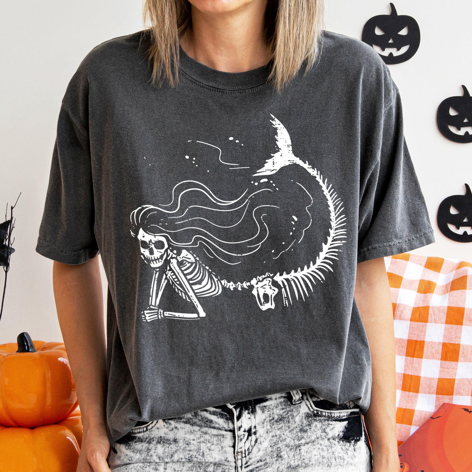 Mermaid Skeleton Retro Halloween Night Sea Fantasy Illustration Vintage Style Artwork Comfort Colors Tee
