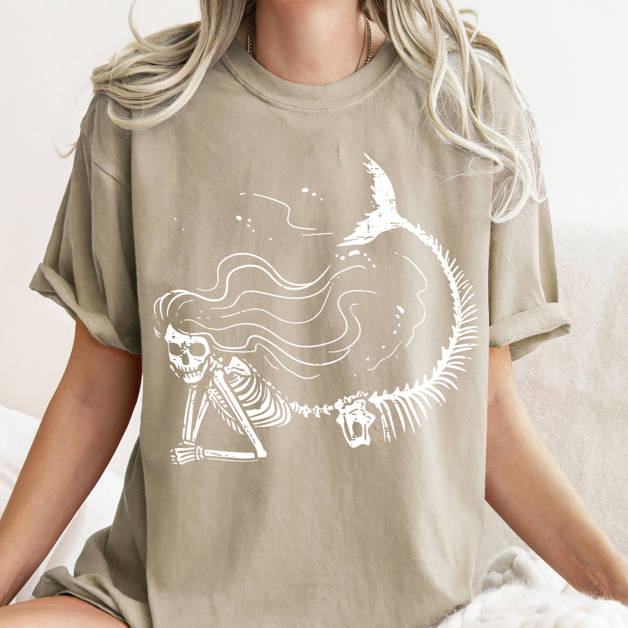 Mermaid Skeleton Retro Halloween Night Sea Fantasy Illustration Vintage Style Artwork Comfort Colors Tee