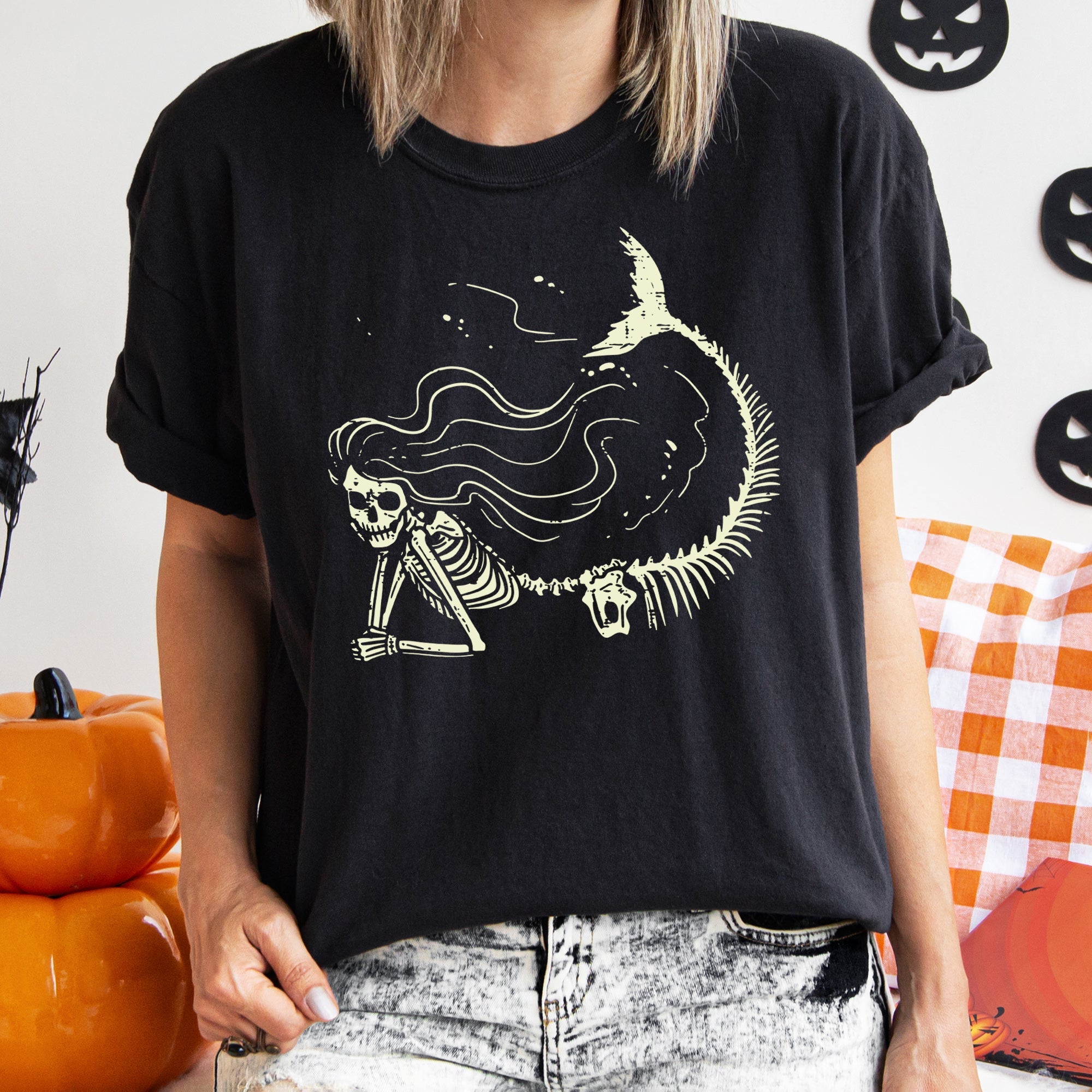 Mermaid Skeleton Retro Halloween Vintage Inspired Limited Edition Comfort Colors Tee