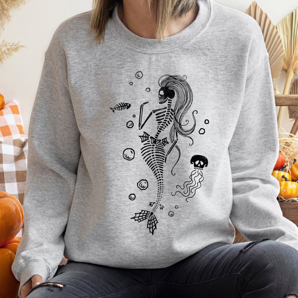 Mermaid Skeleton Jellyfish Underwater Fantasy Creature Illustration With Moonlit Waves And Coral Accents Sweatshirt