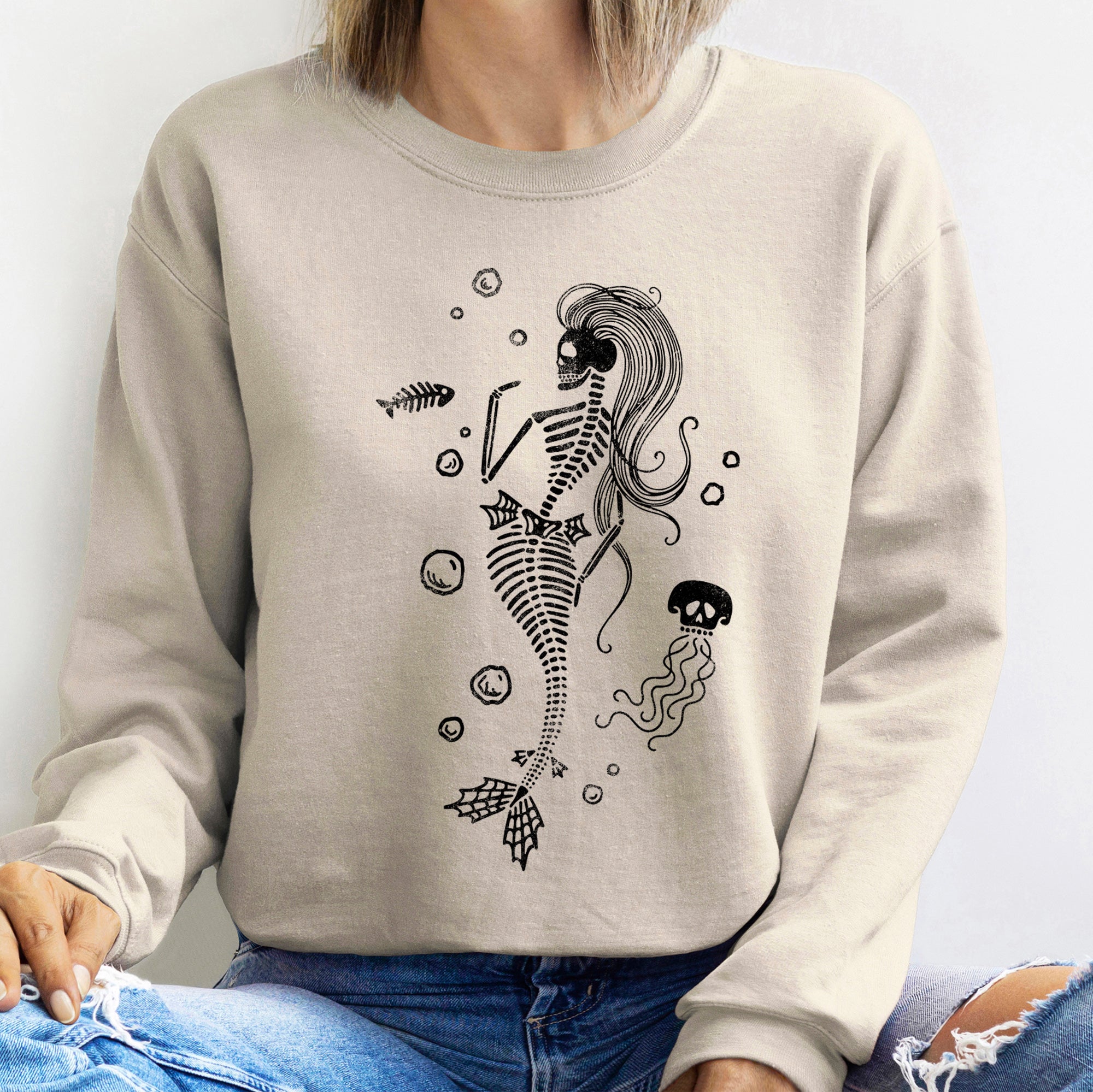 Mermaid Skeleton Jellyfish Underwater Fantasy Creature Illustration With Moonlit Waves And Coral Accents Sweatshirt