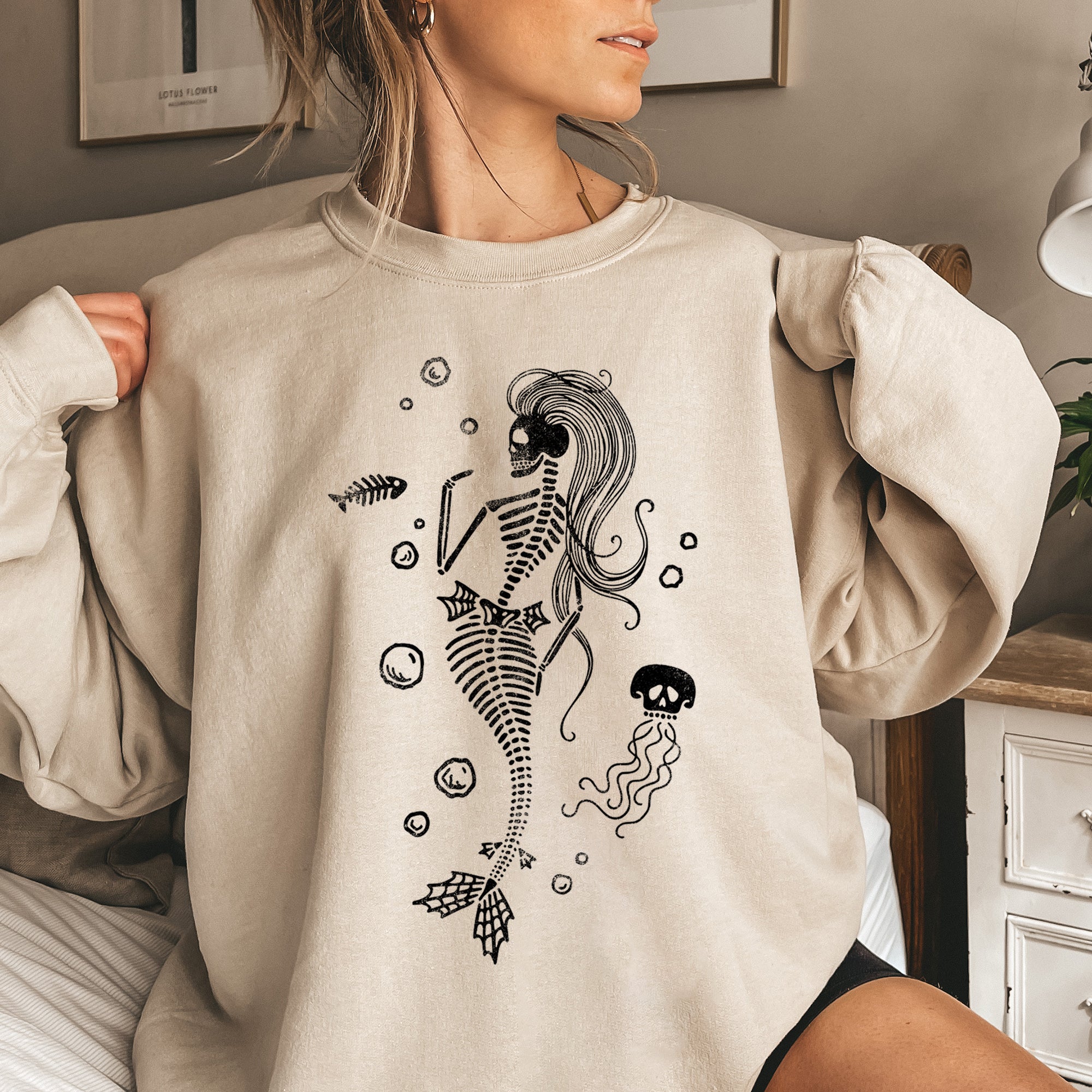 Mermaid Skeleton Jellyfish Underwater Fantasy Creature Illustration With Moonlit Waves And Coral Accents Sweatshirt