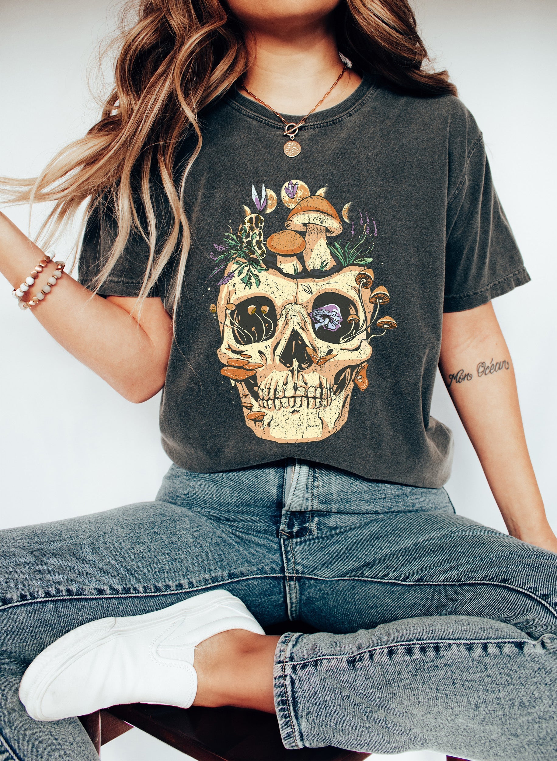 Skull Mushrooms Moon Phases Surreal Vintage Gothic Art Illustration For Night Owls Comfort Colors Tee