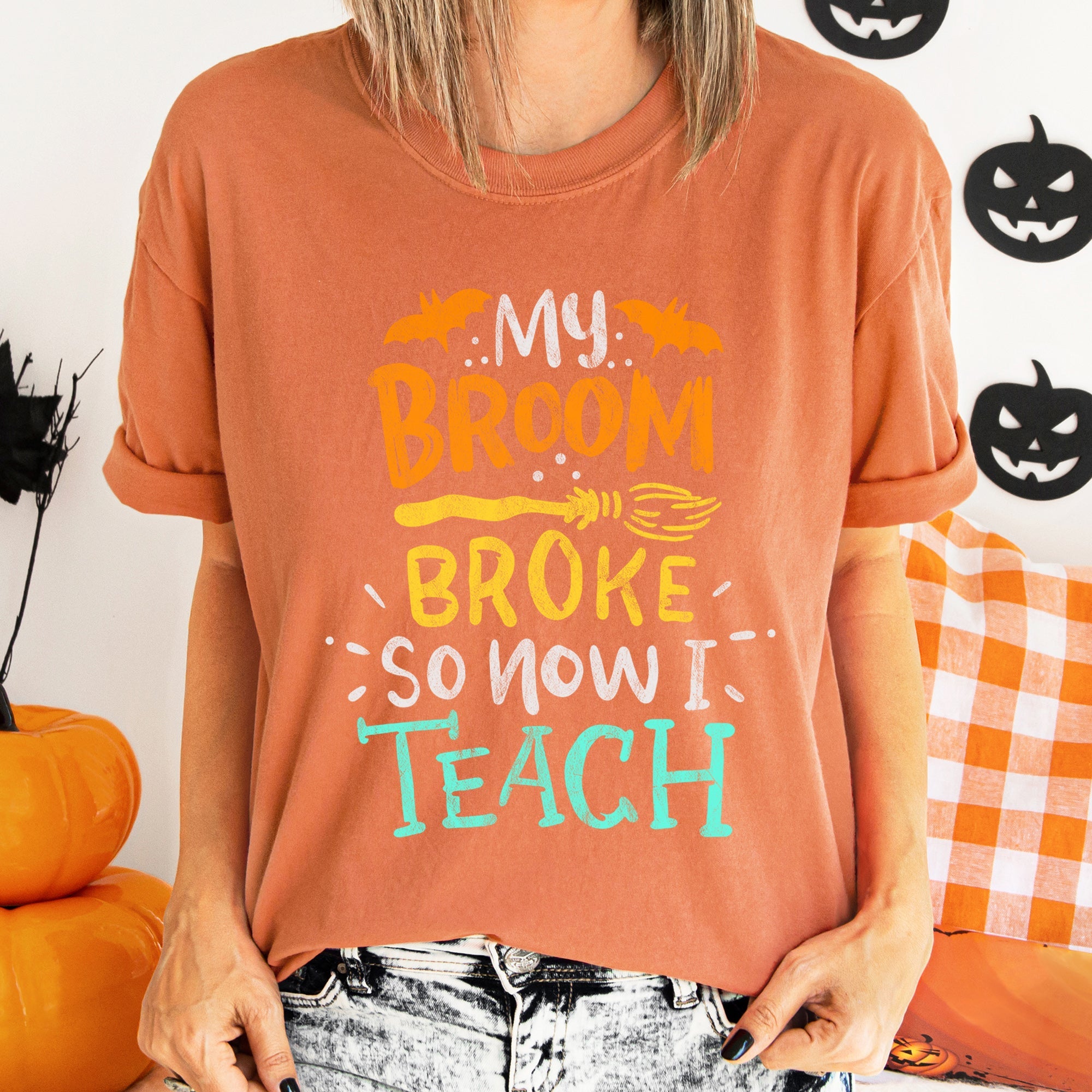 My Broom Broke So I Teach Retro Halloween Limited Vintage Edition Premium Comfort Colors Tee