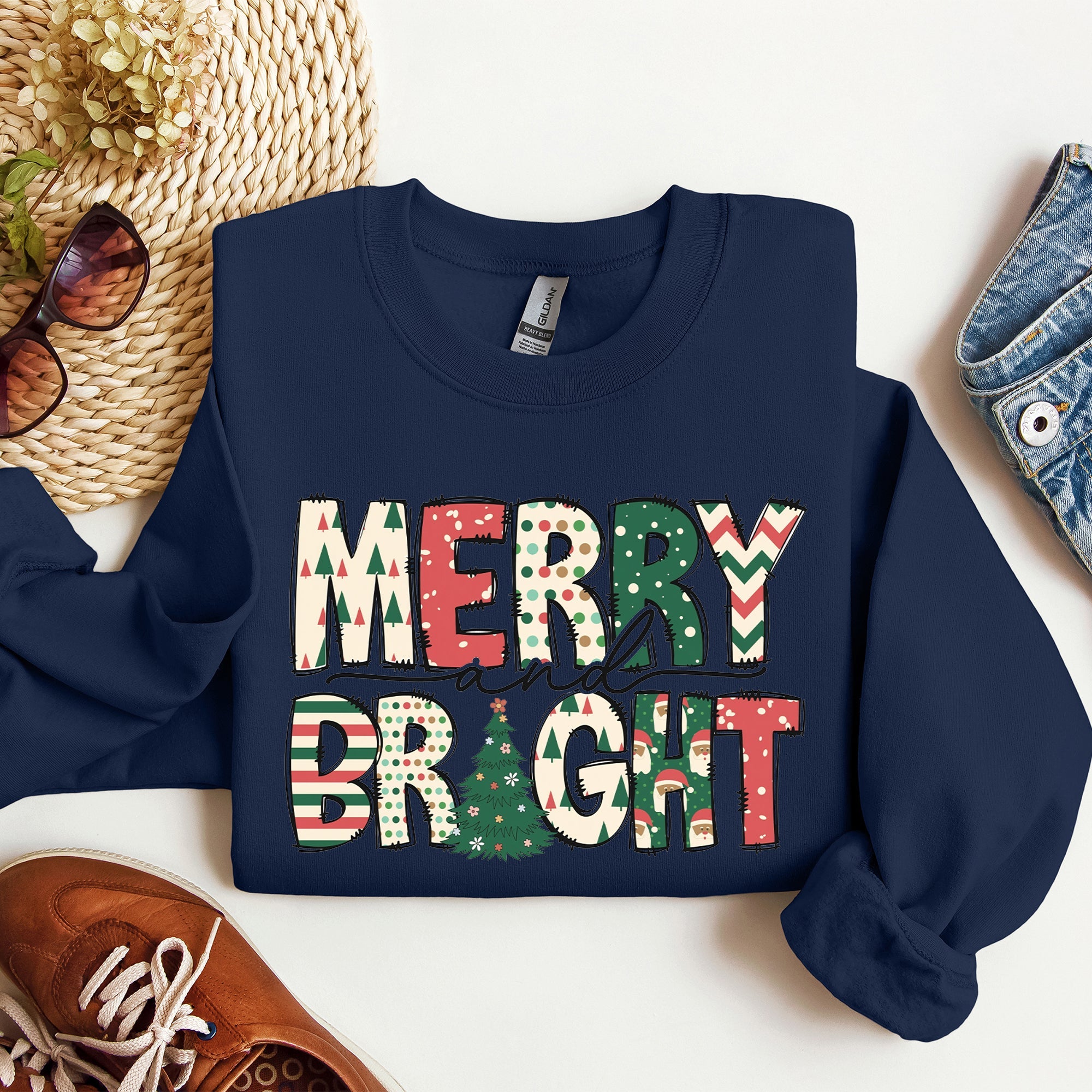 Merry And Bright Christmas Cheer Festive Holiday Lights Snowflake Motif Cozy Cotton Fleece Sweatshirt