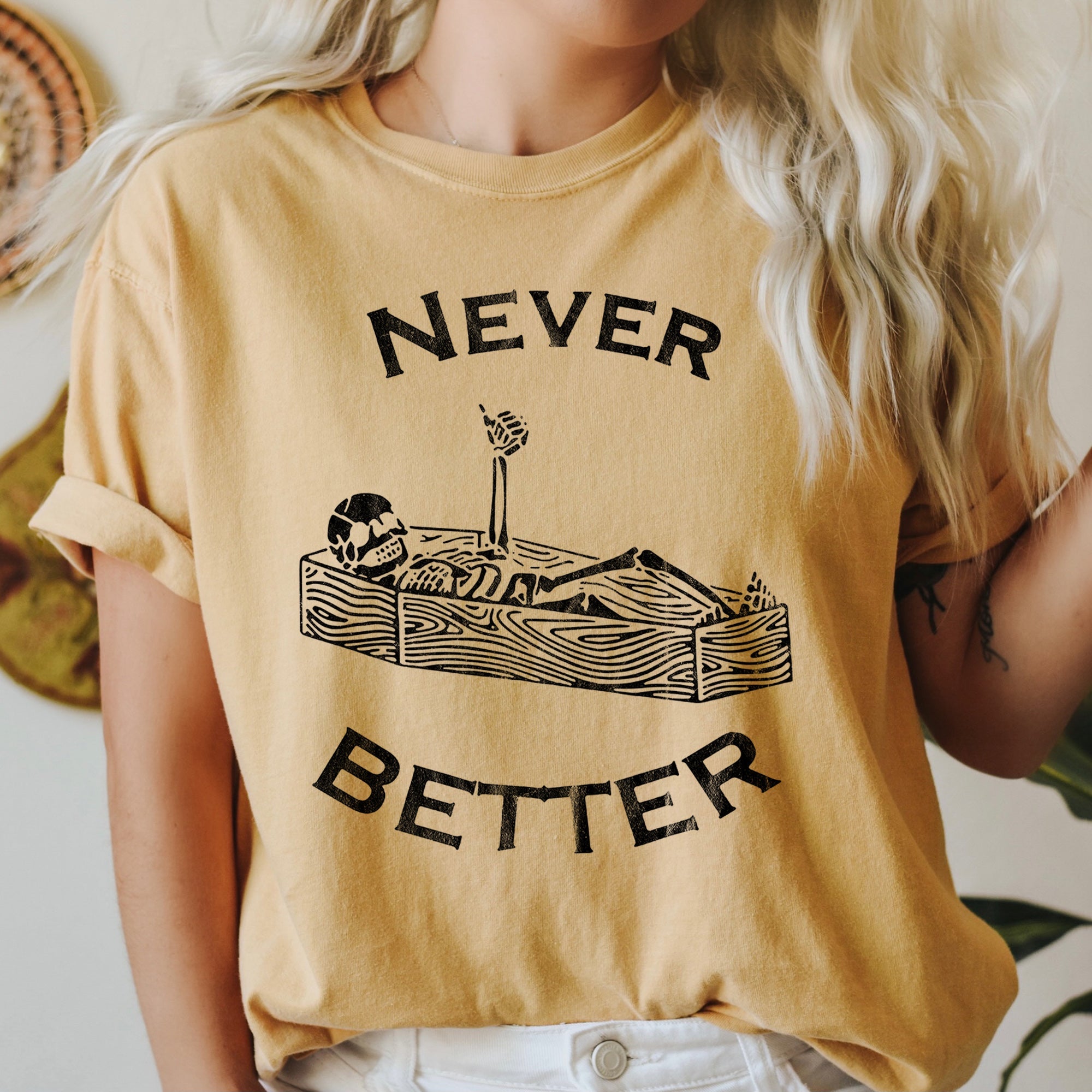 Never Better Skeleton In Coffin Retro Halloween Vintage Inspired Comfort Colors Tee