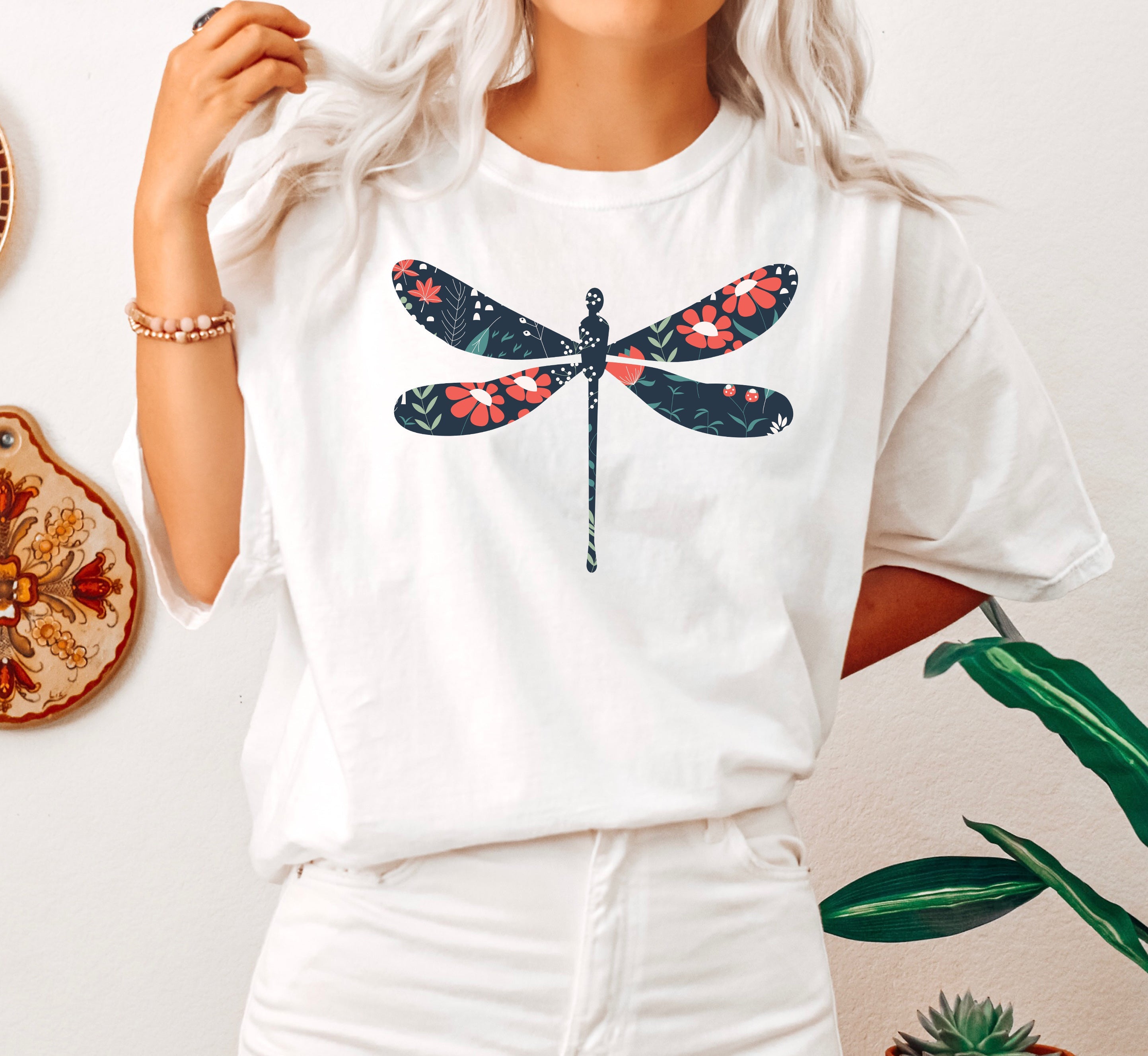 Dragonfly Red Floral Print Vintage Garden Motif Inspired By Springtime Comfort Colors Tee