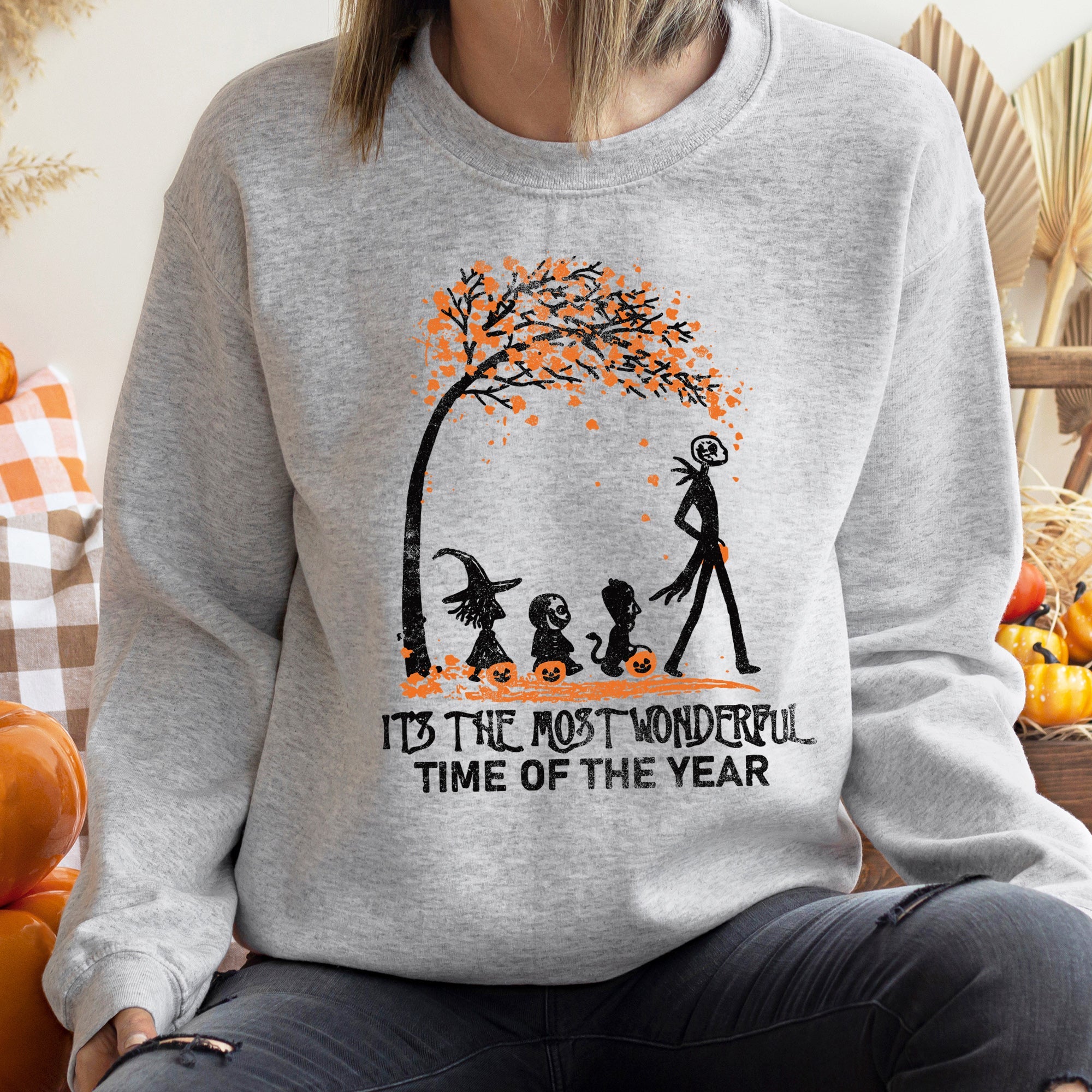 Orange Tree Halloween Night Scene Cozy Autumn Decor Illustration Vintage Style Hand Drawn Design Sweatshirt