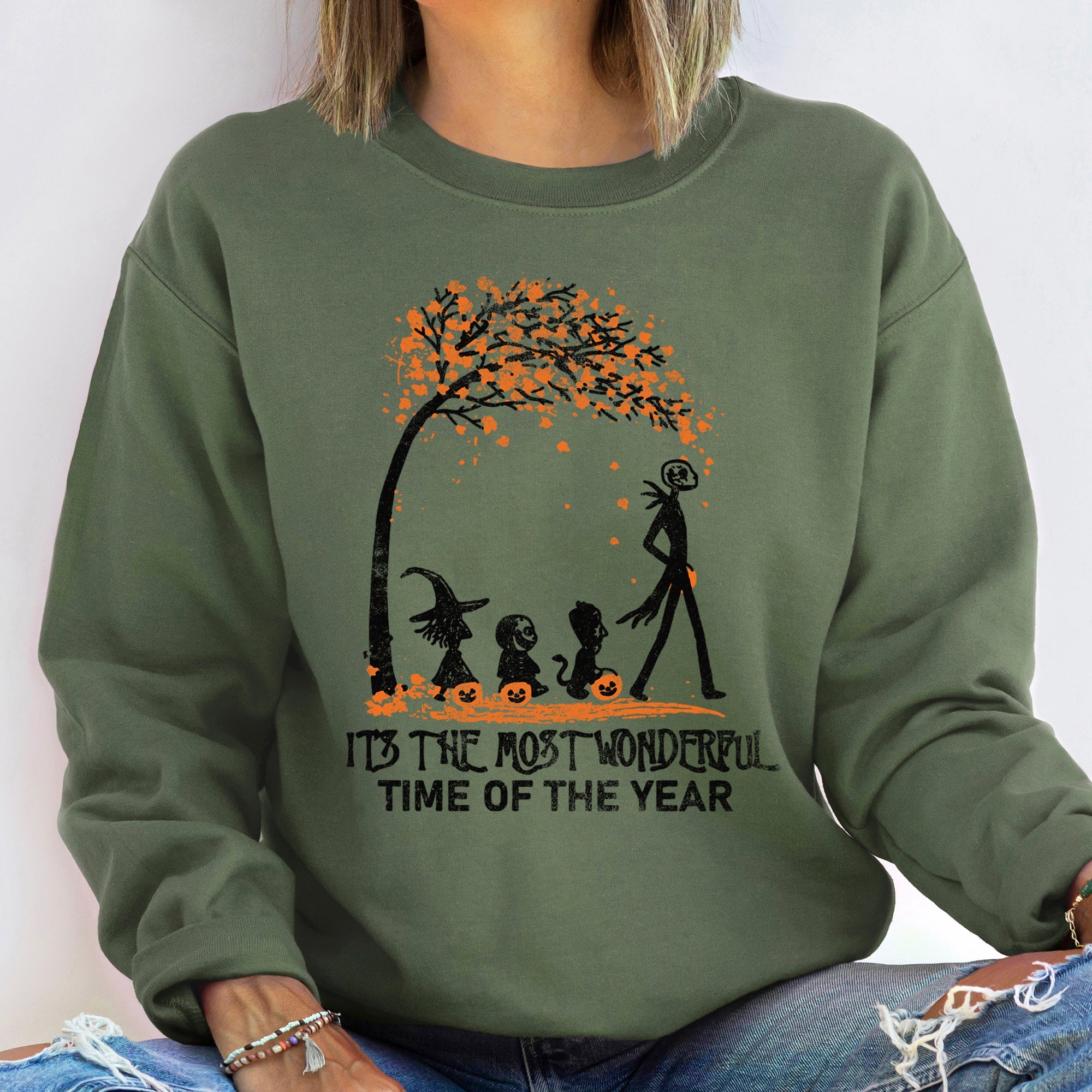 Orange Tree Halloween Night Scene Cozy Autumn Decor Illustration Vintage Style Hand Drawn Design Sweatshirt