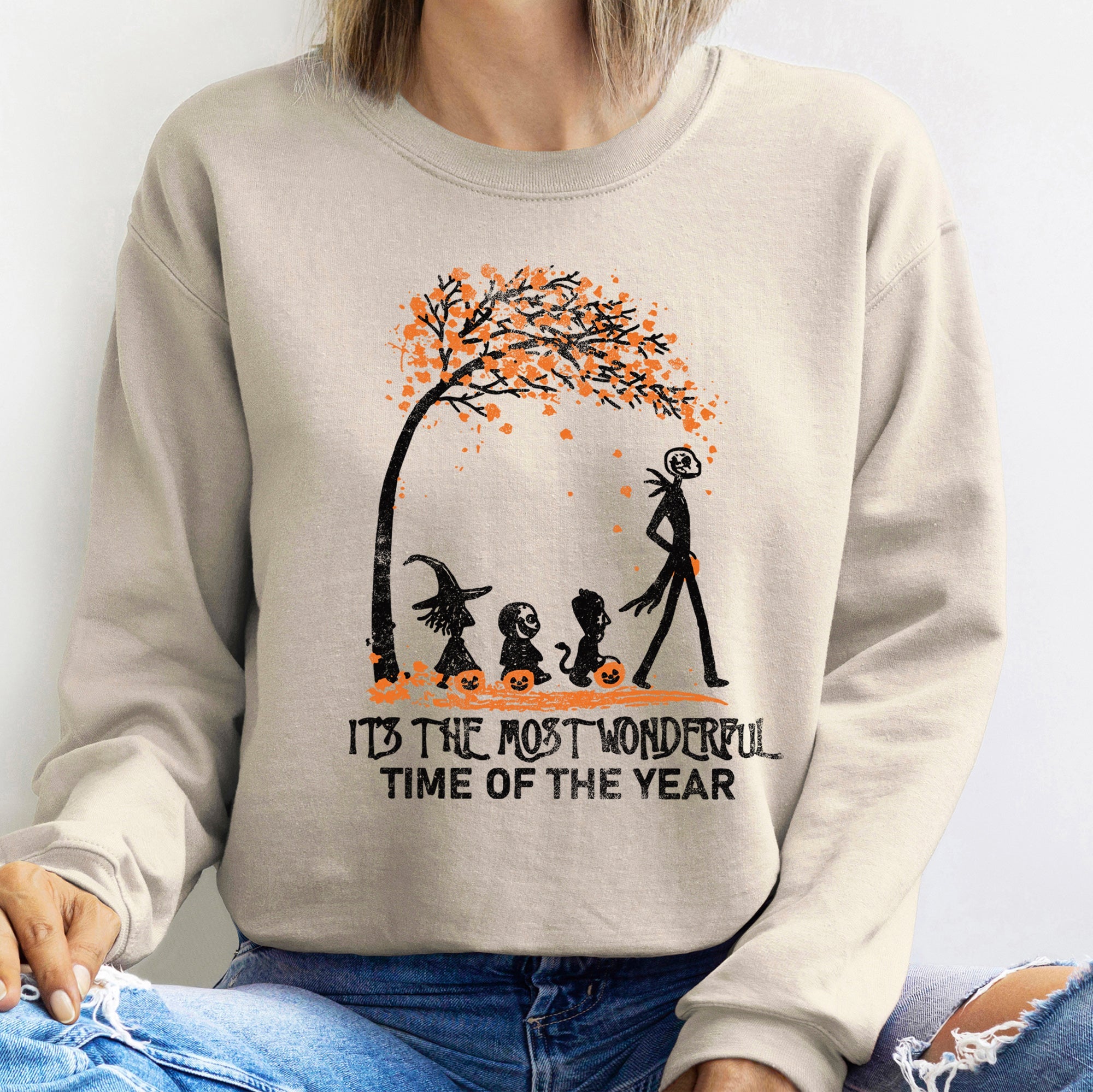 Orange Tree Halloween Night Scene Cozy Autumn Decor Illustration Vintage Style Hand Drawn Design Sweatshirt