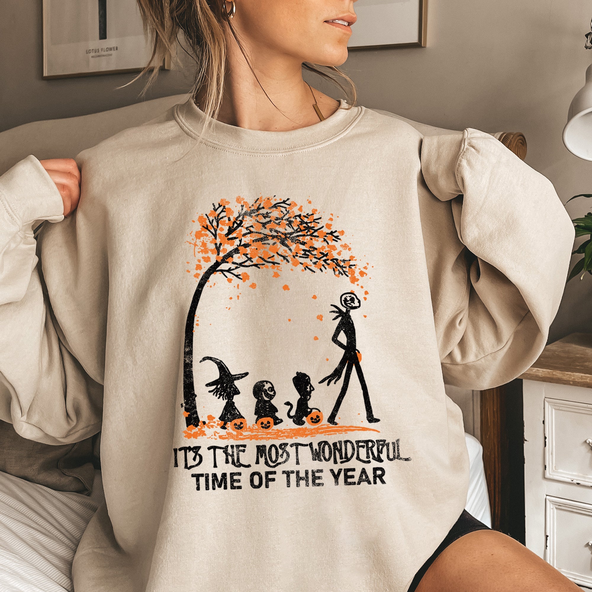 Orange Tree Halloween Night Scene Cozy Autumn Decor Illustration Vintage Style Hand Drawn Design Sweatshirt