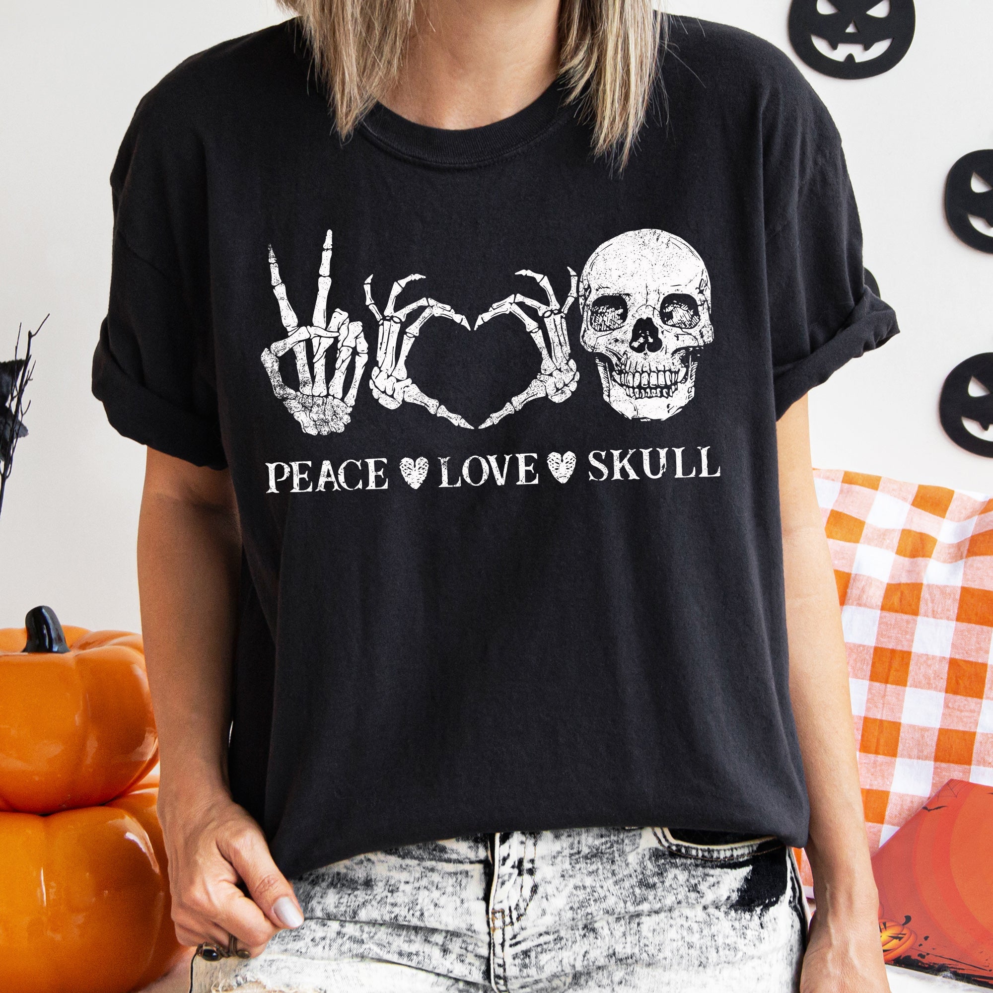Peace Love Skull Vintage Halloween Punk Rock Ghost Town Night Scene Midnight Comfort Colors Tee