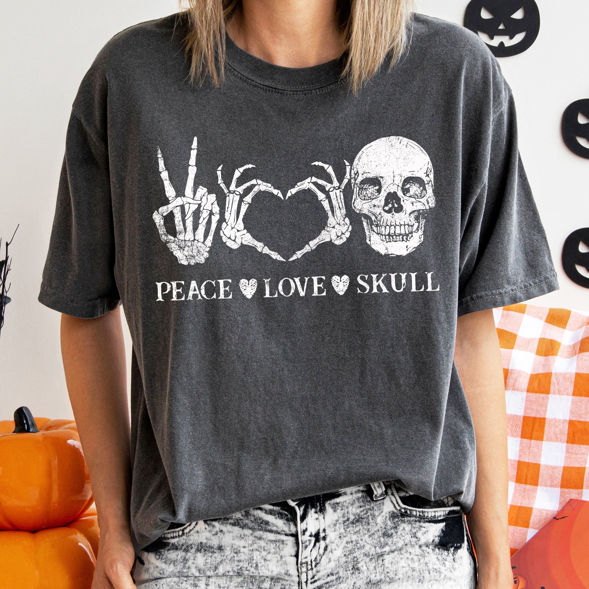 Peace Love Skull Vintage Halloween Punk Rock Ghost Town Night Scene Midnight Comfort Colors Tee