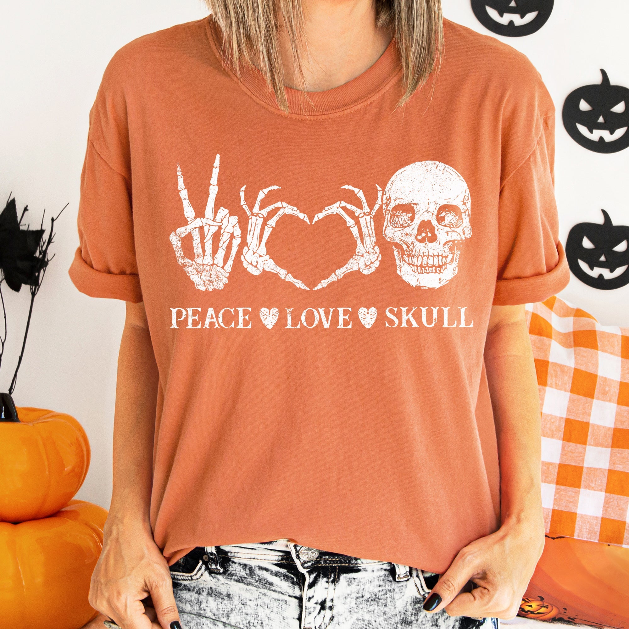 Peace Love Skull Vintage Halloween Punk Rock Ghost Town Night Scene Midnight Comfort Colors Tee