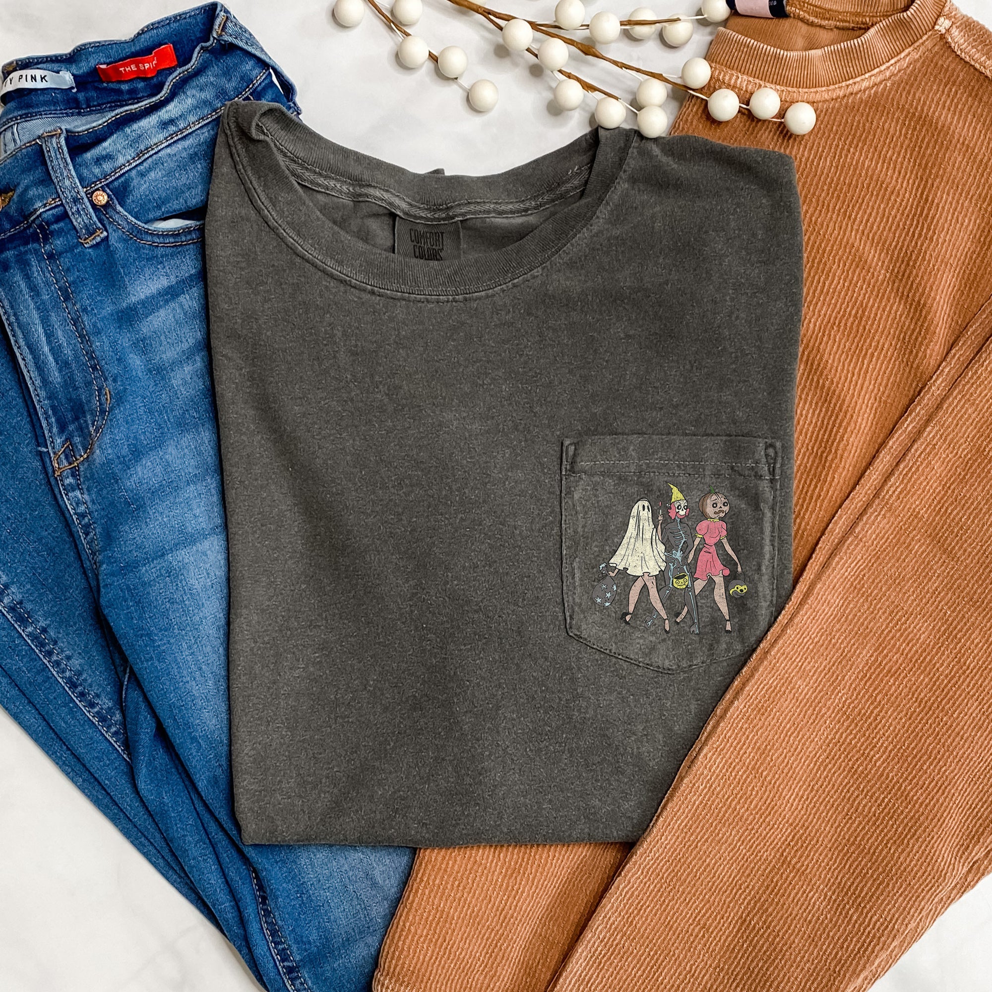 Girls Trick Or Treat Retro Halloween Pocket Design Limited Edition Vintage Ink Print Comfort Colors Tee