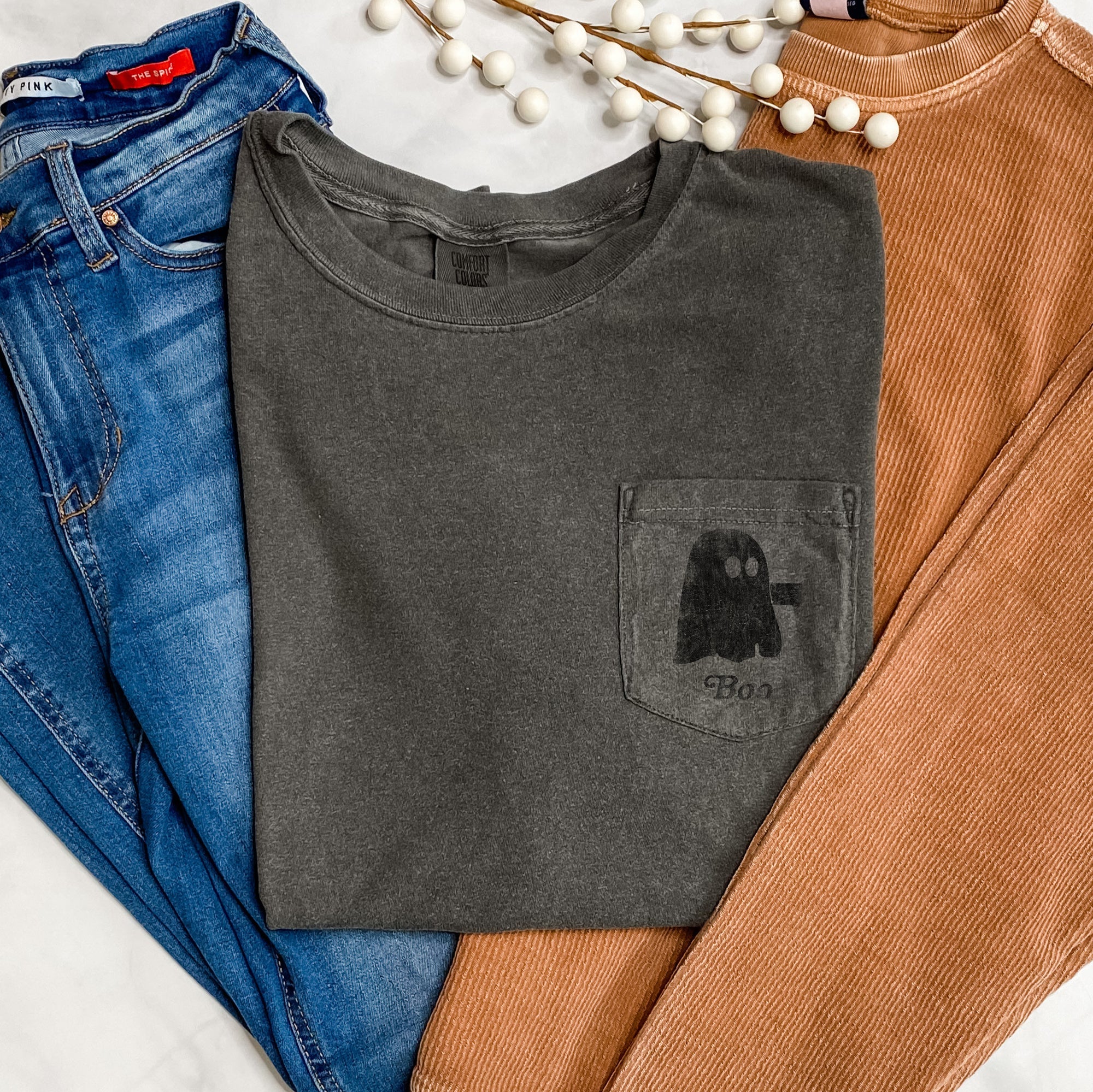 Ghost Arms Crossed Halloween Pocket Nightmare Scene Illustration Artwork Vintage Gothic Style Comfort Colors Tee