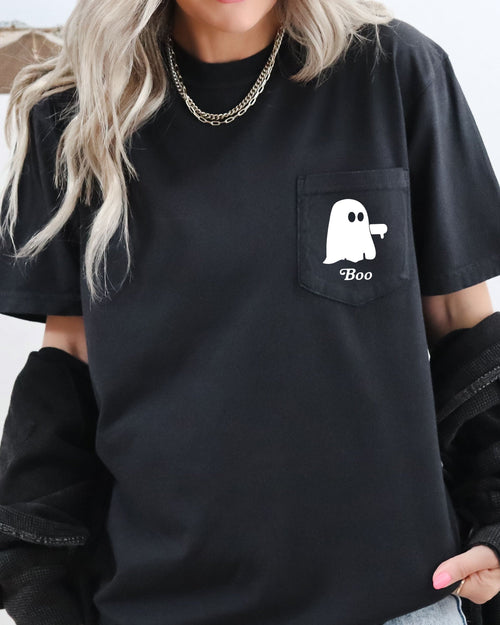 Boo Thumb Ghost Halloween Pocket Tee Graphic Illustration Featuring Friendly Ghosts Comfort Colors Tee