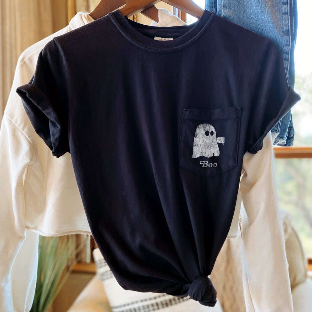 Ghost Boo Thumb Halloween Pocket Ghost Parade Graphic Spooky Edition Comfort Colors Tee