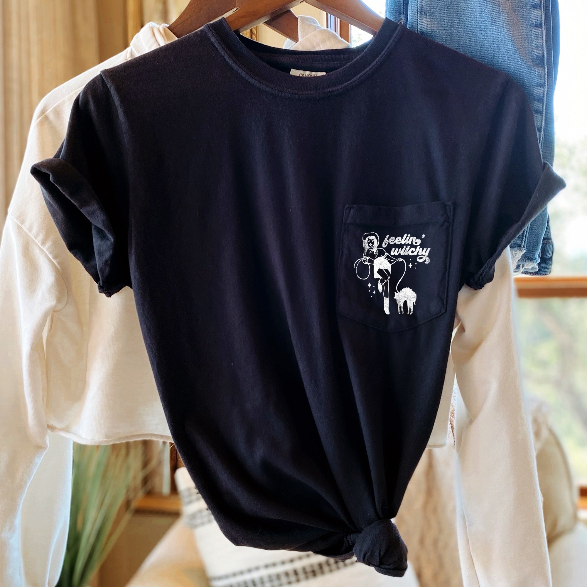 Feelin Witchy Halloween Pocket Charm Edition Soft Vintage Inspired Comfort Colors Tee