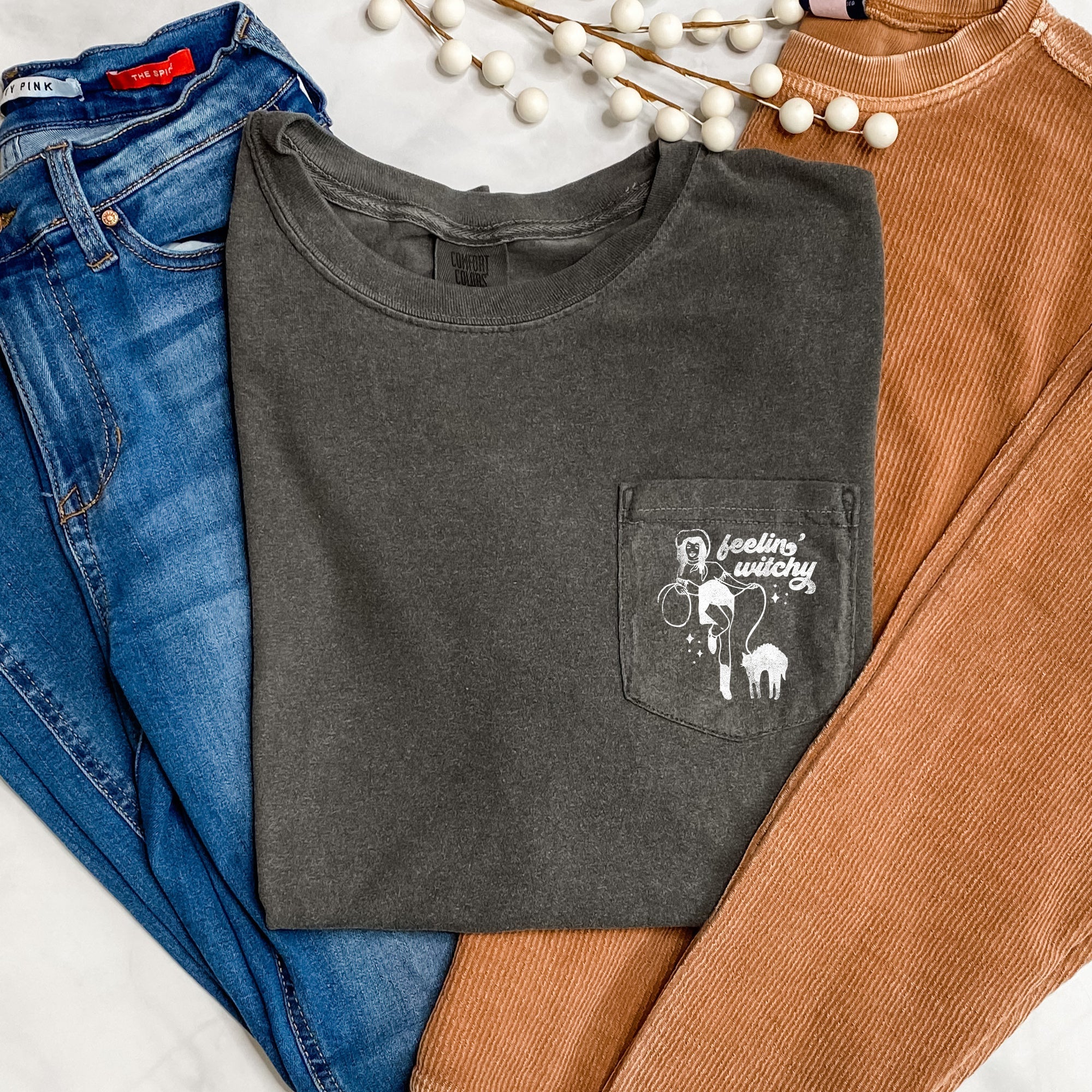 Feelin Witchy Halloween Pocket Charm Edition Soft Vintage Inspired Comfort Colors Tee