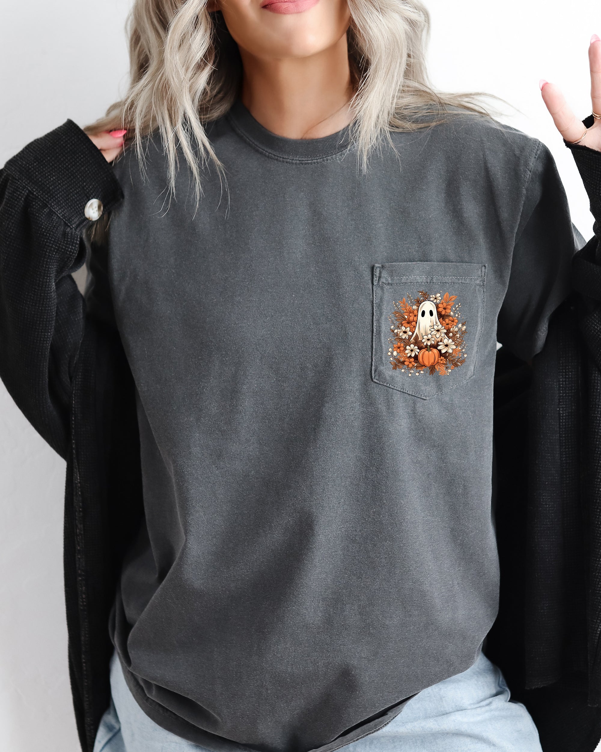 Floral Ghost Spooky Halloween Pocket Tee With Vintage-Inspired Artwork And Midnight Garden Motif Comfort Colors Tee