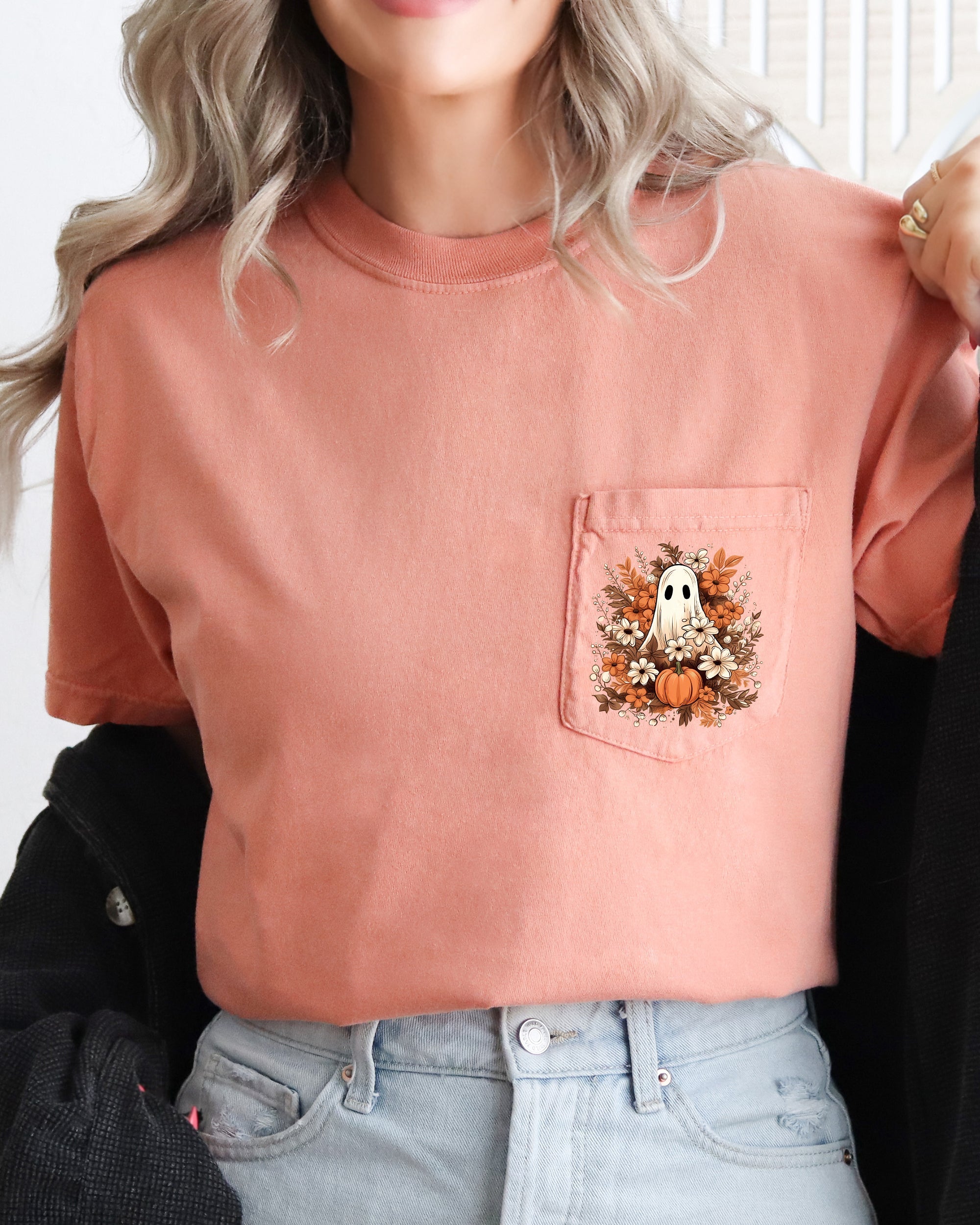 Floral Ghost Spooky Halloween Pocket Tee With Vintage-Inspired Artwork And Midnight Garden Motif Comfort Colors Tee