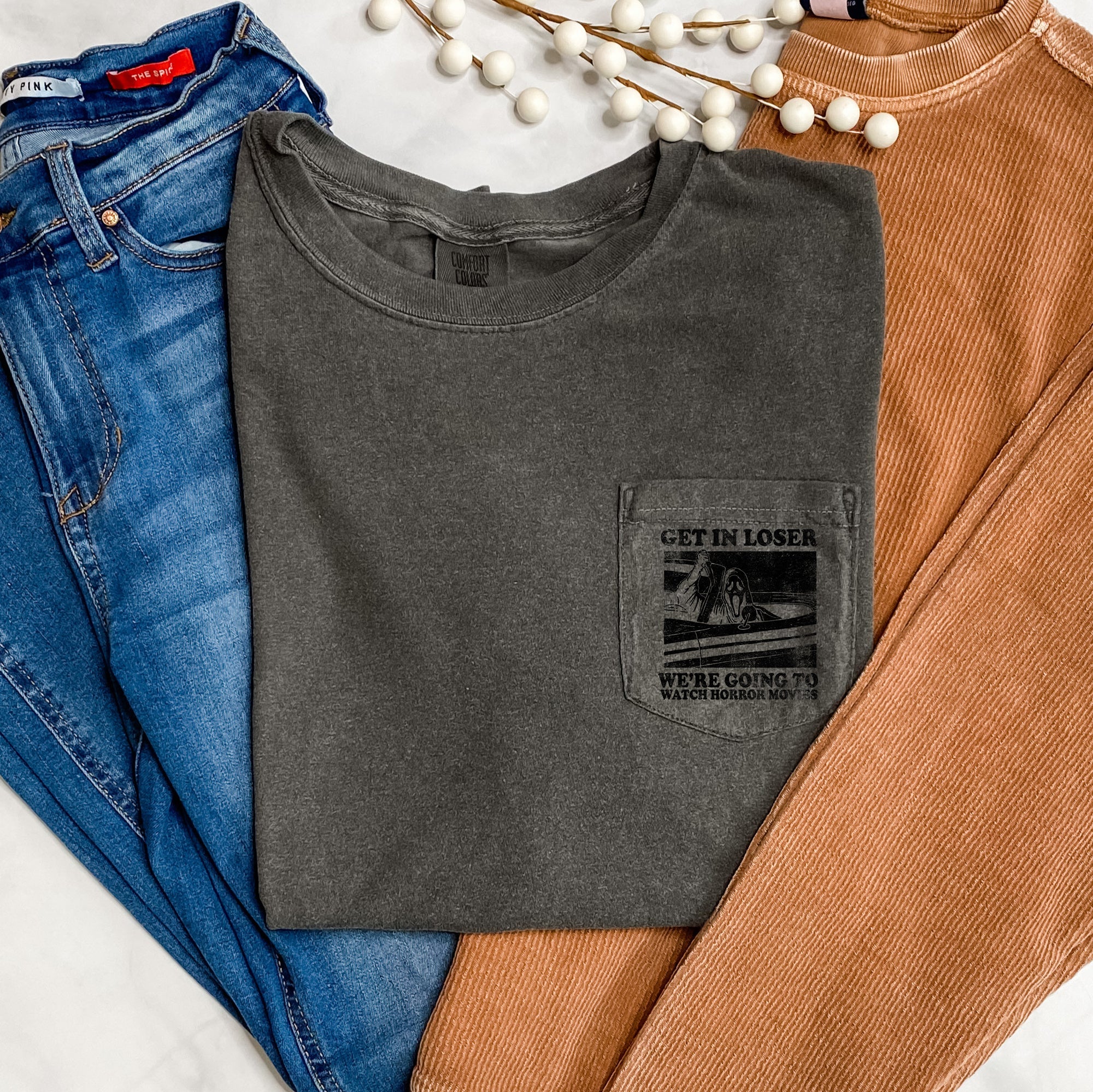 Get In Loser Horror Halloween Pocket Comfort Colors Tee