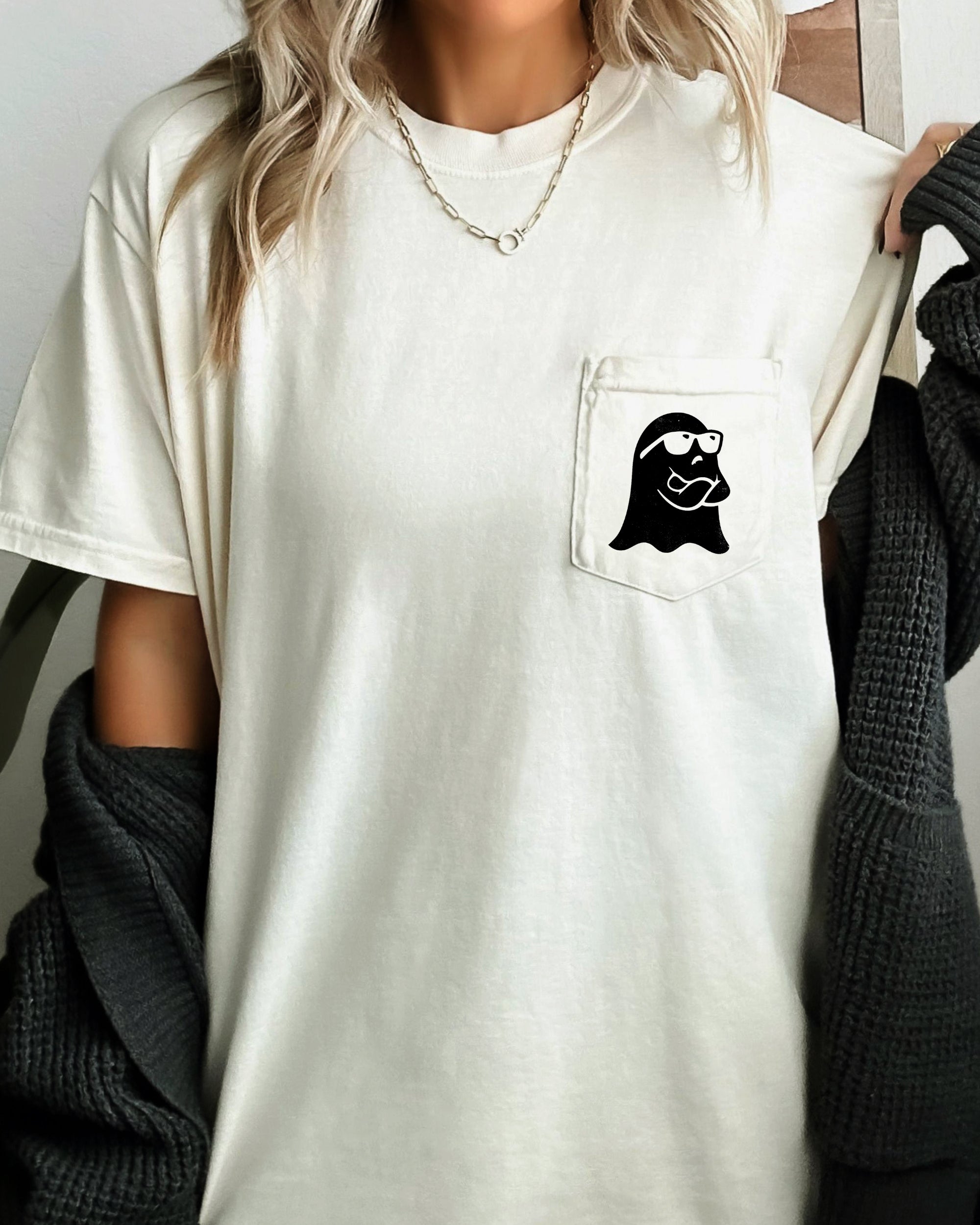 Ghost Arms Crossed Halloween Pocket Ghost Graphic Illustration Scene Comfort Colors Tee