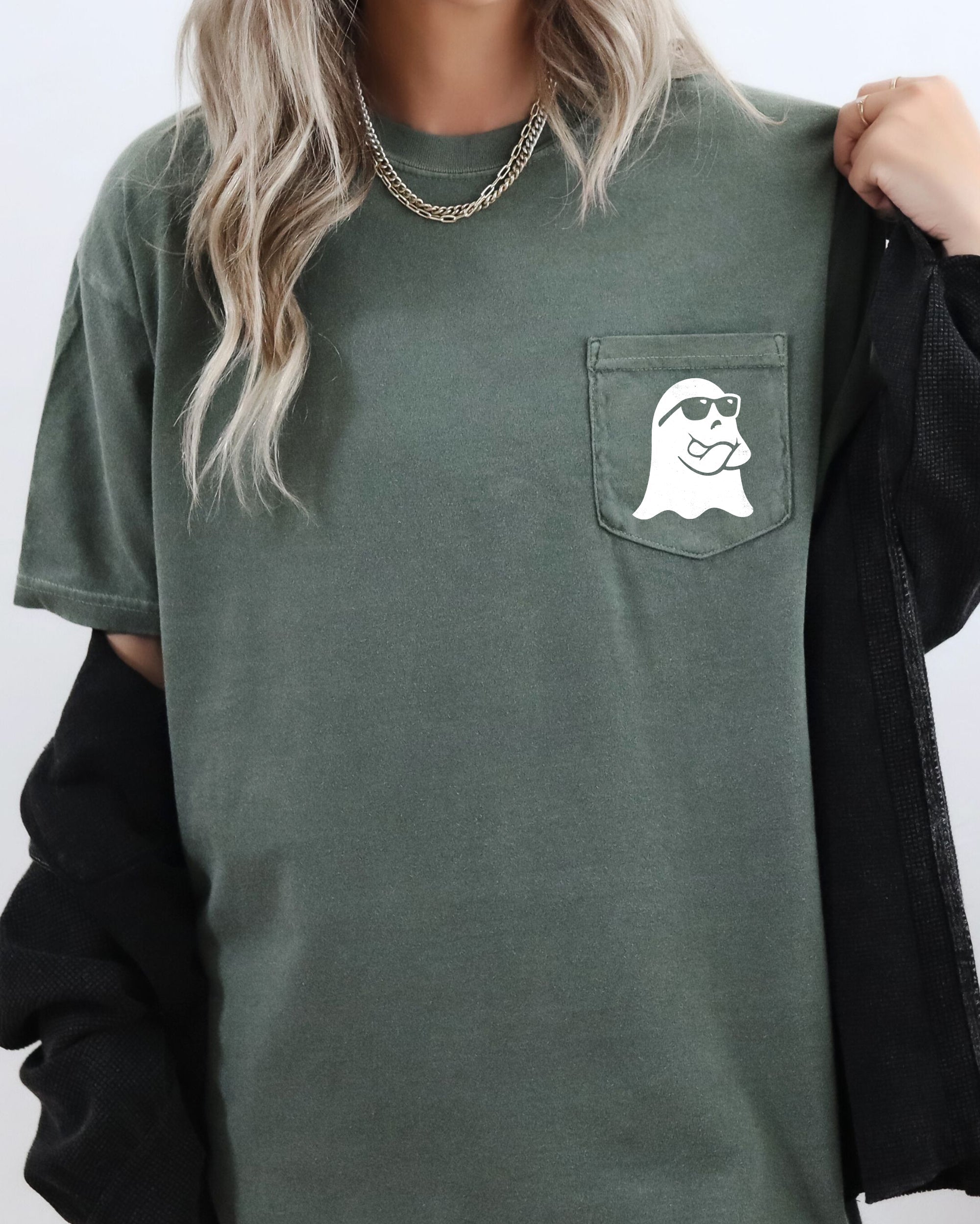 Ghost Arms Crossed Halloween Pocket Ghost Graphic Illustration Scene Comfort Colors Tee