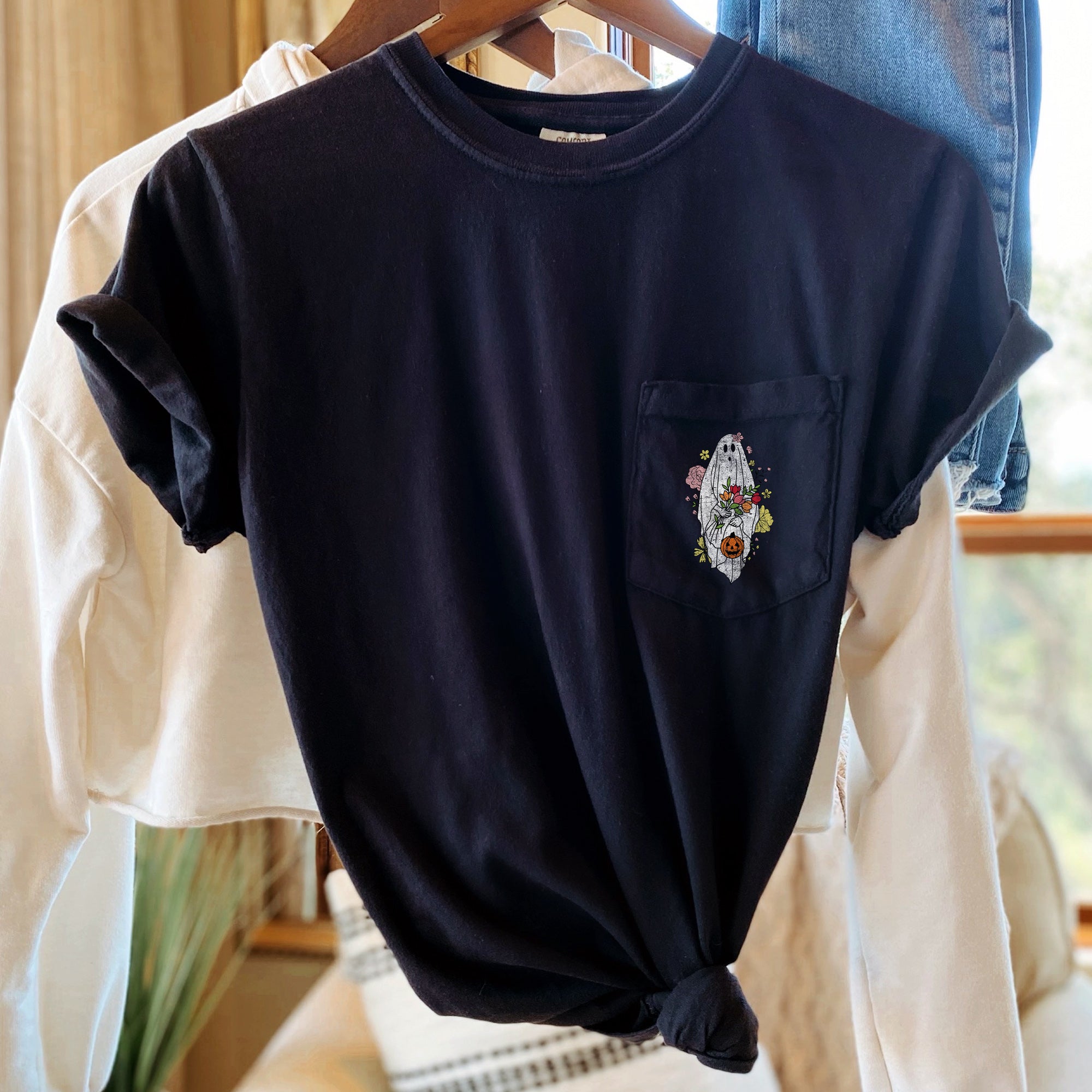 Ghost Bride Halloween Pocket Ghostly Portrait Graphic Vintage Gothic Night Scene Comfort Colors Tee