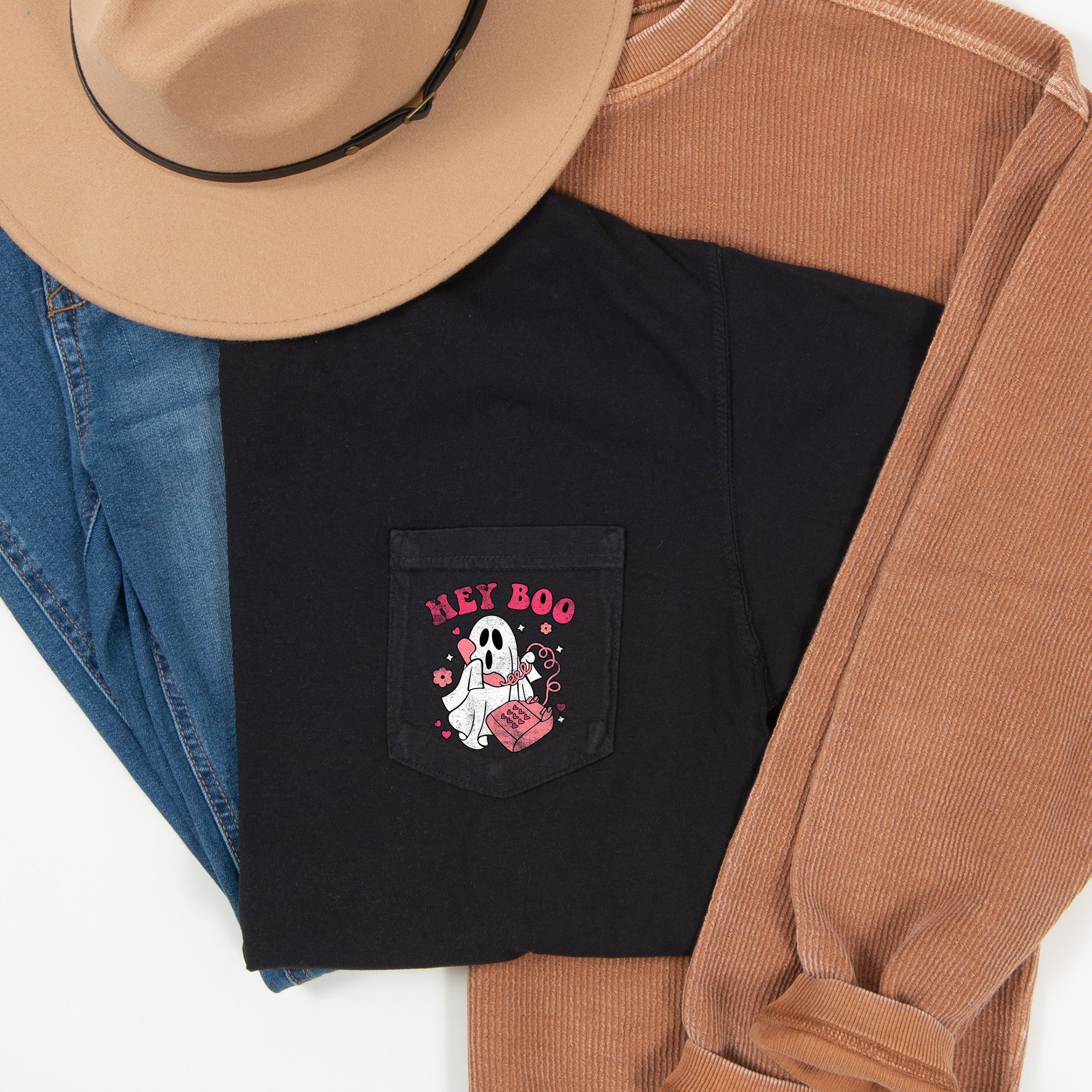 Hey Boo Pink Phone Halloween Pocket Spooky Party Vibe Print With Vintage Halloween Night Flair Comfort Colors Tee