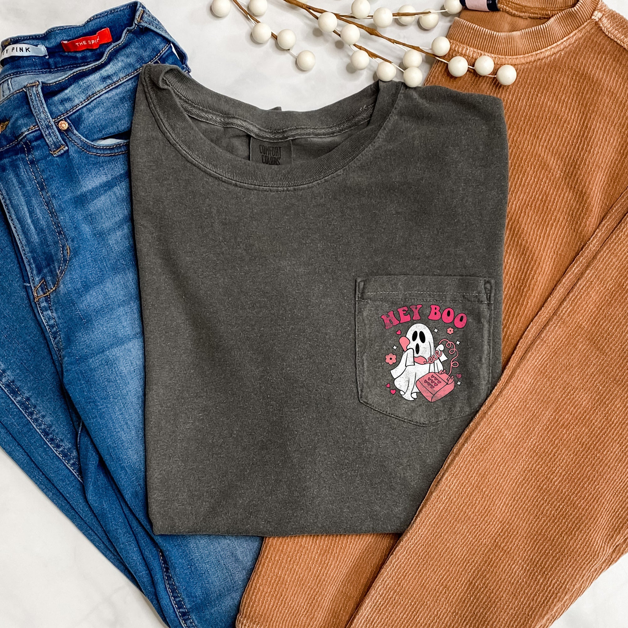 Hey Boo Pink Phone Halloween Pocket Spooky Party Vibe Print With Vintage Halloween Night Flair Comfort Colors Tee