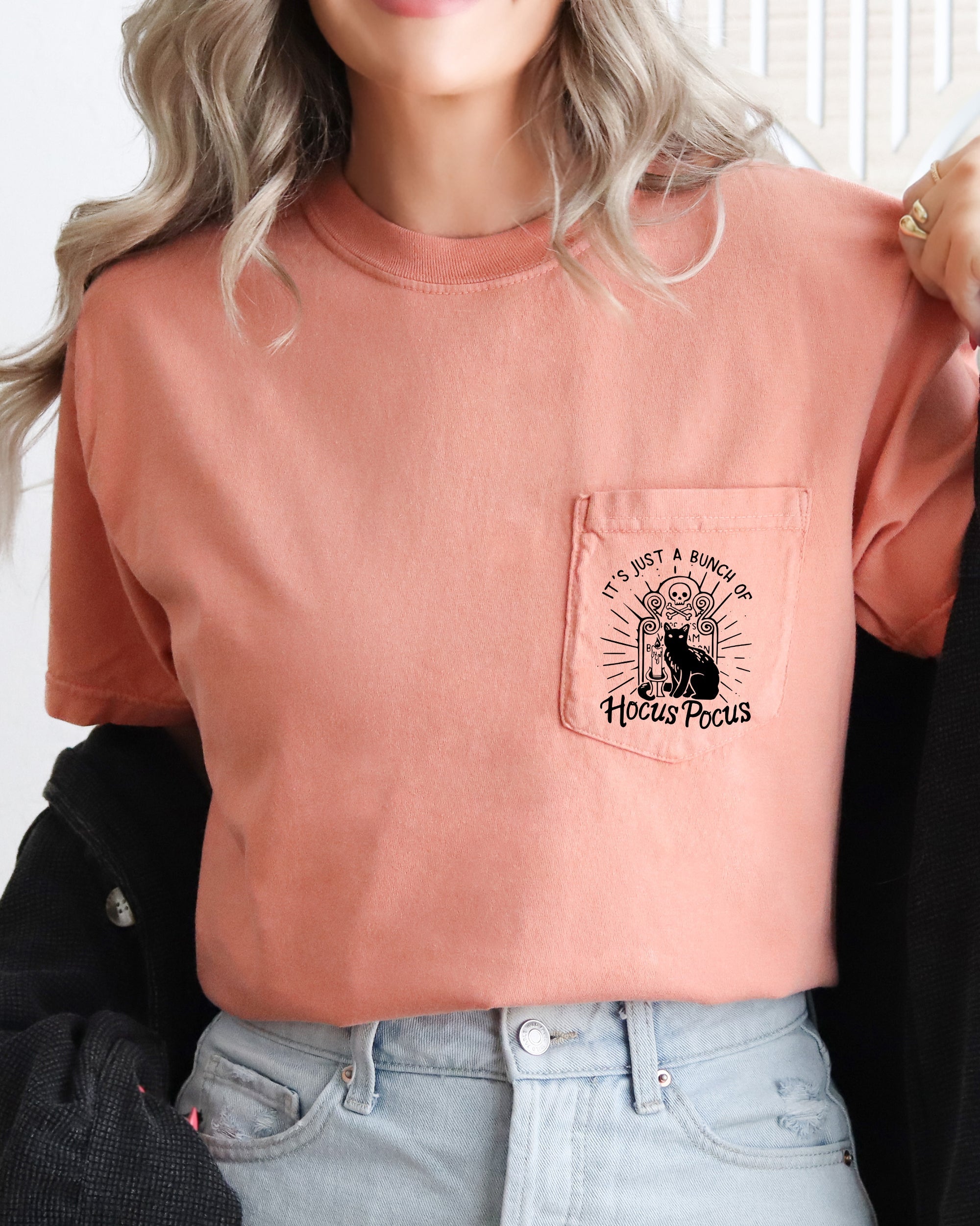 Hocus Pocus Cat Halloween Vintage Pocket Scene Mischief Night Comfort Colors Tee