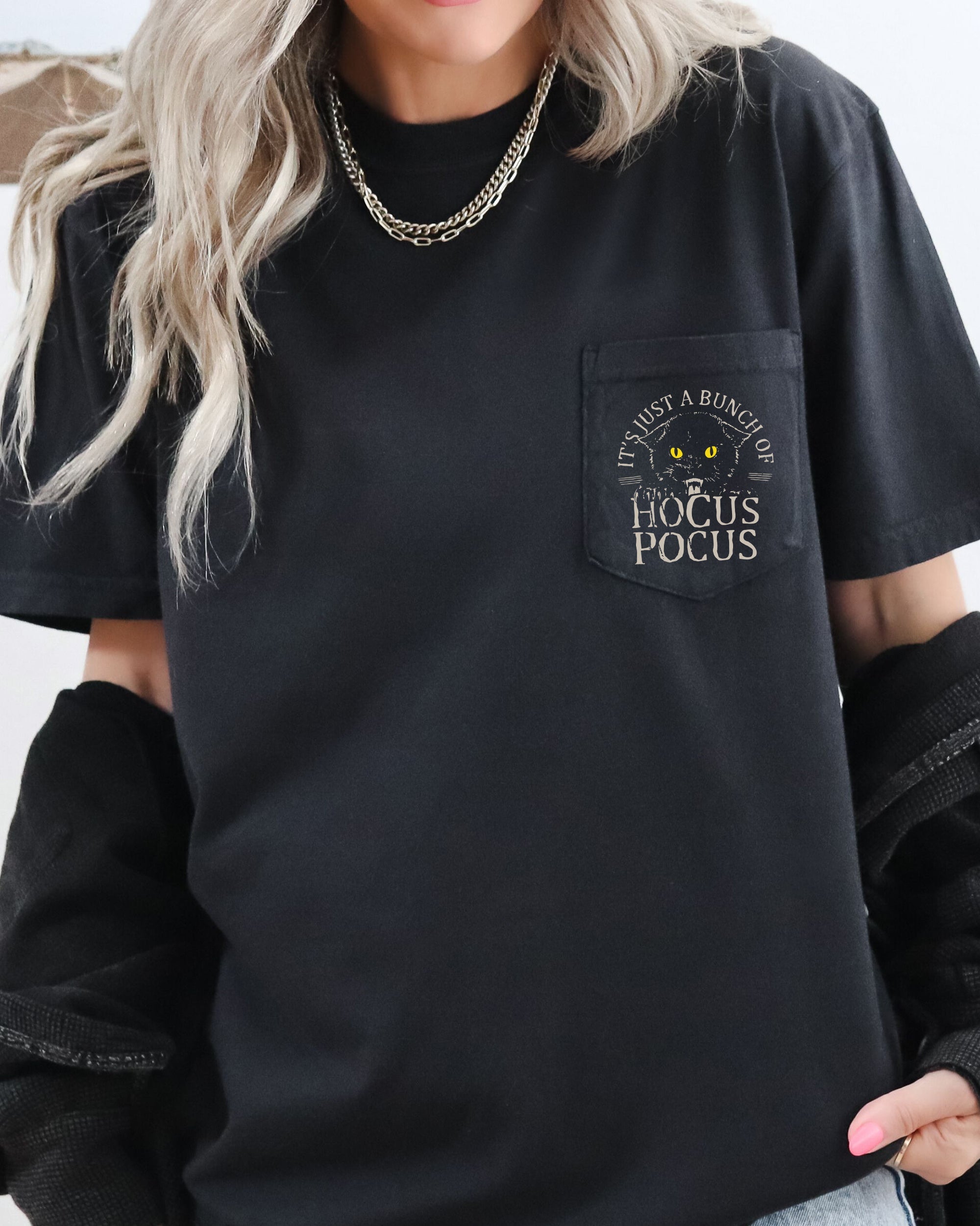Hocus Pocus Cat Vintage Halloween Pocket Tee Deluxe Edition Plus Comfort Colors Tee
