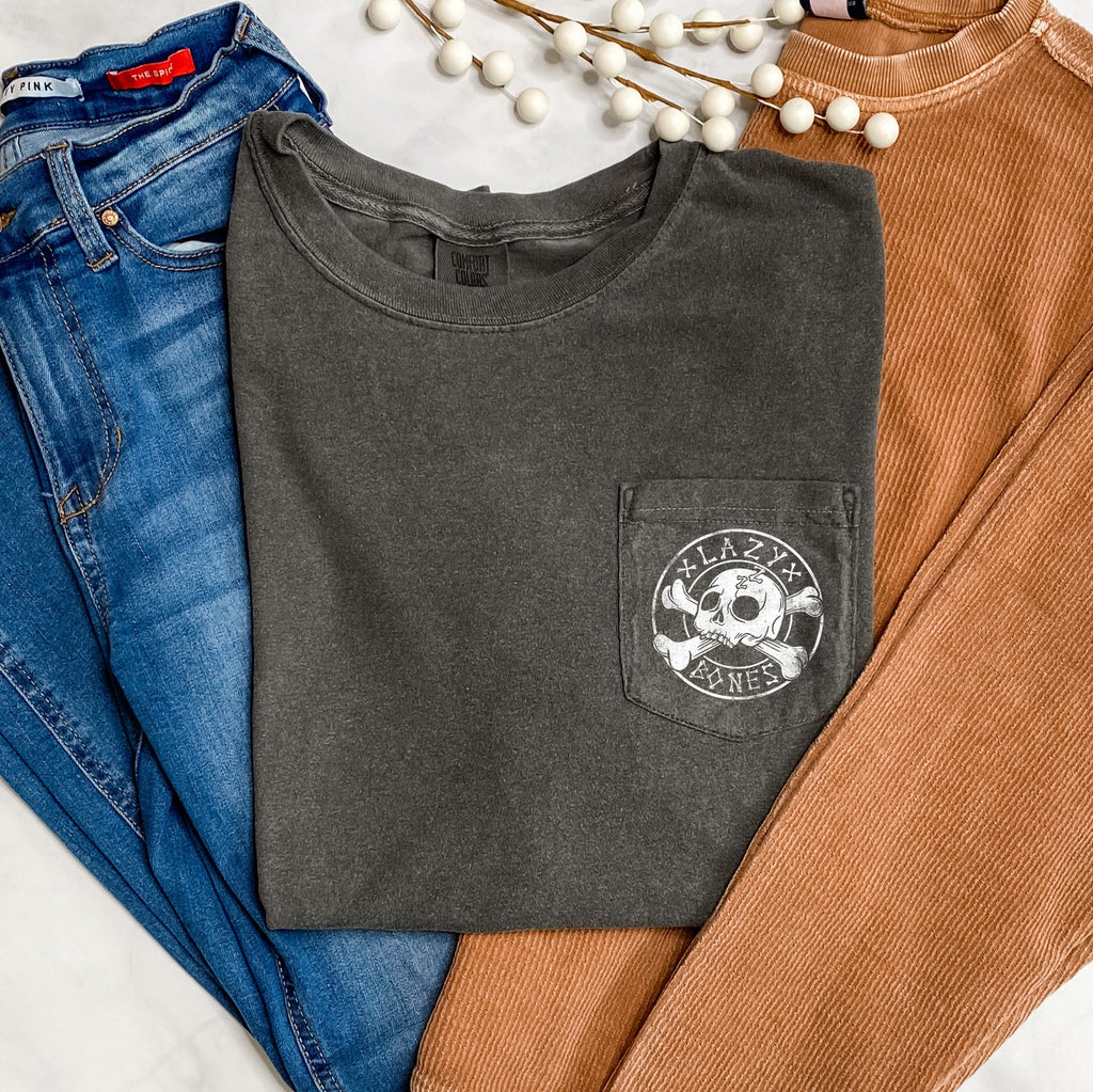 Lazy Bones Halloween Pocket Spooky Skeleton Print Pocket Graphic Comfort Colors Tee