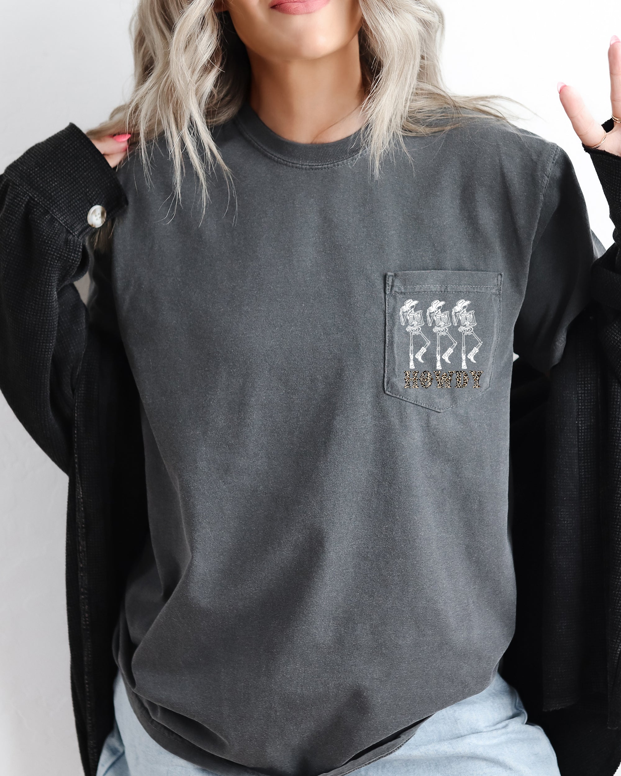 Howdy Cowboy Skeletons Halloween Pocket Western Ghost Edition Vintage Inspired Comfort Colors Tee