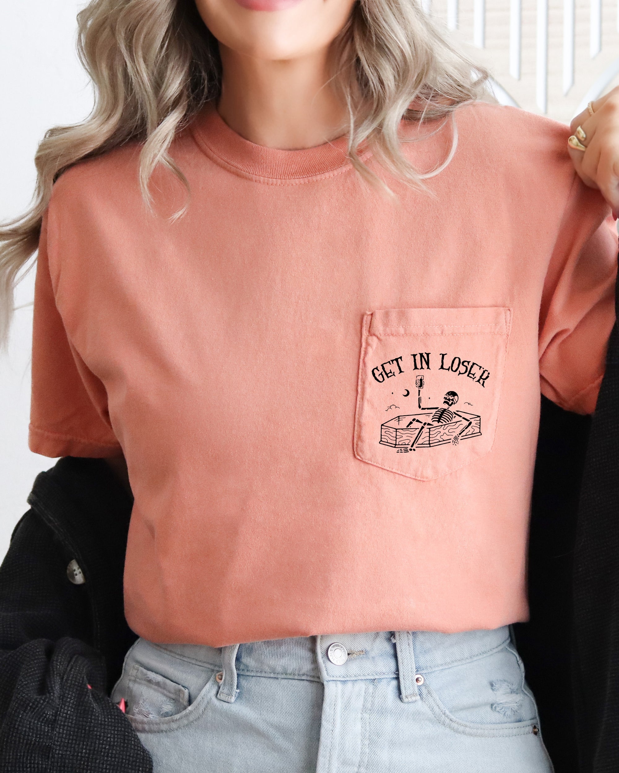 Get In Loser Skeleton Halloween Graphic Pocket Tee Comfort Colors Premium Ring-Spun Cotton Tee