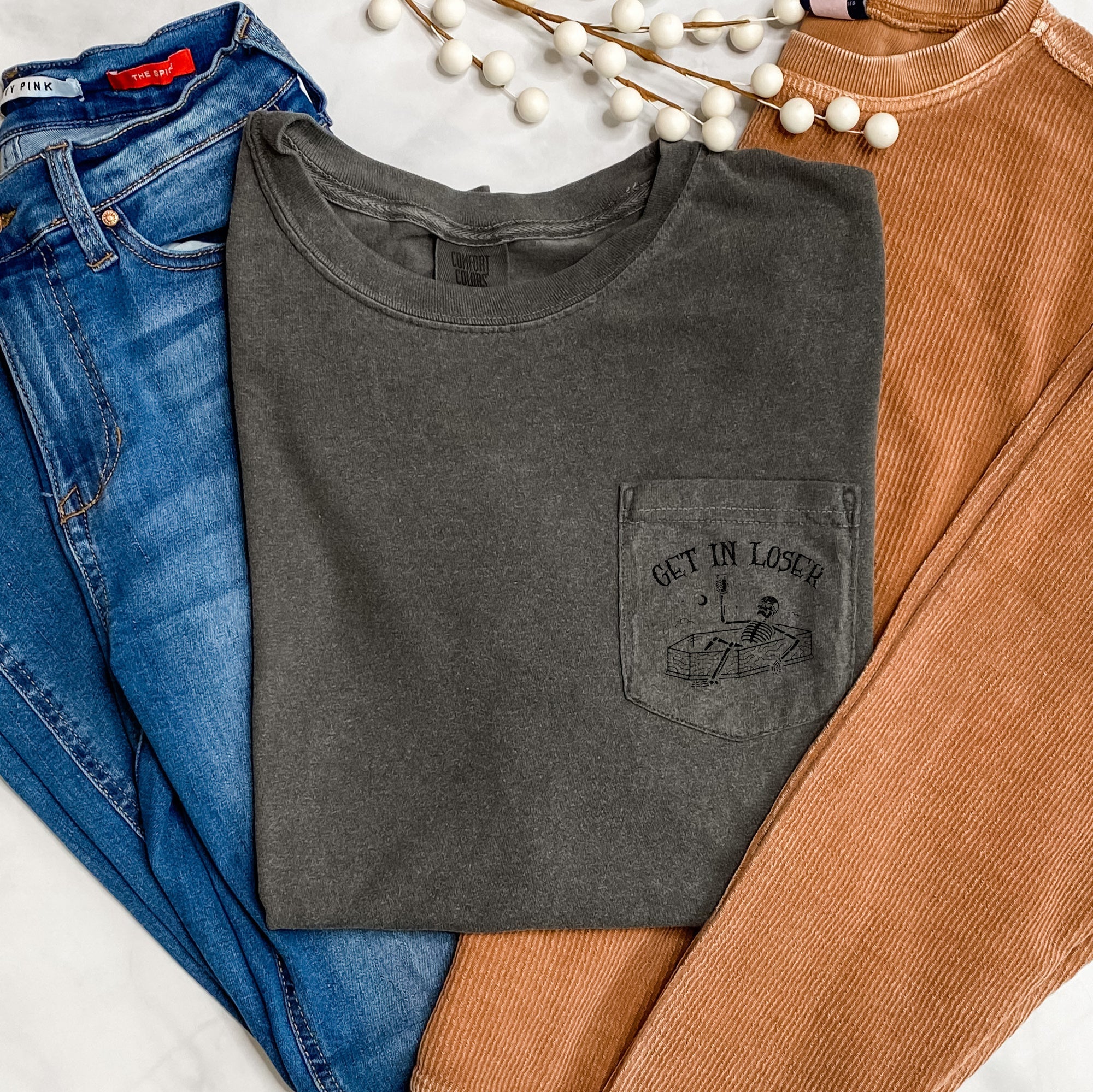 Get In Loser Skeleton Halloween Pocket Comfort Colors Tee