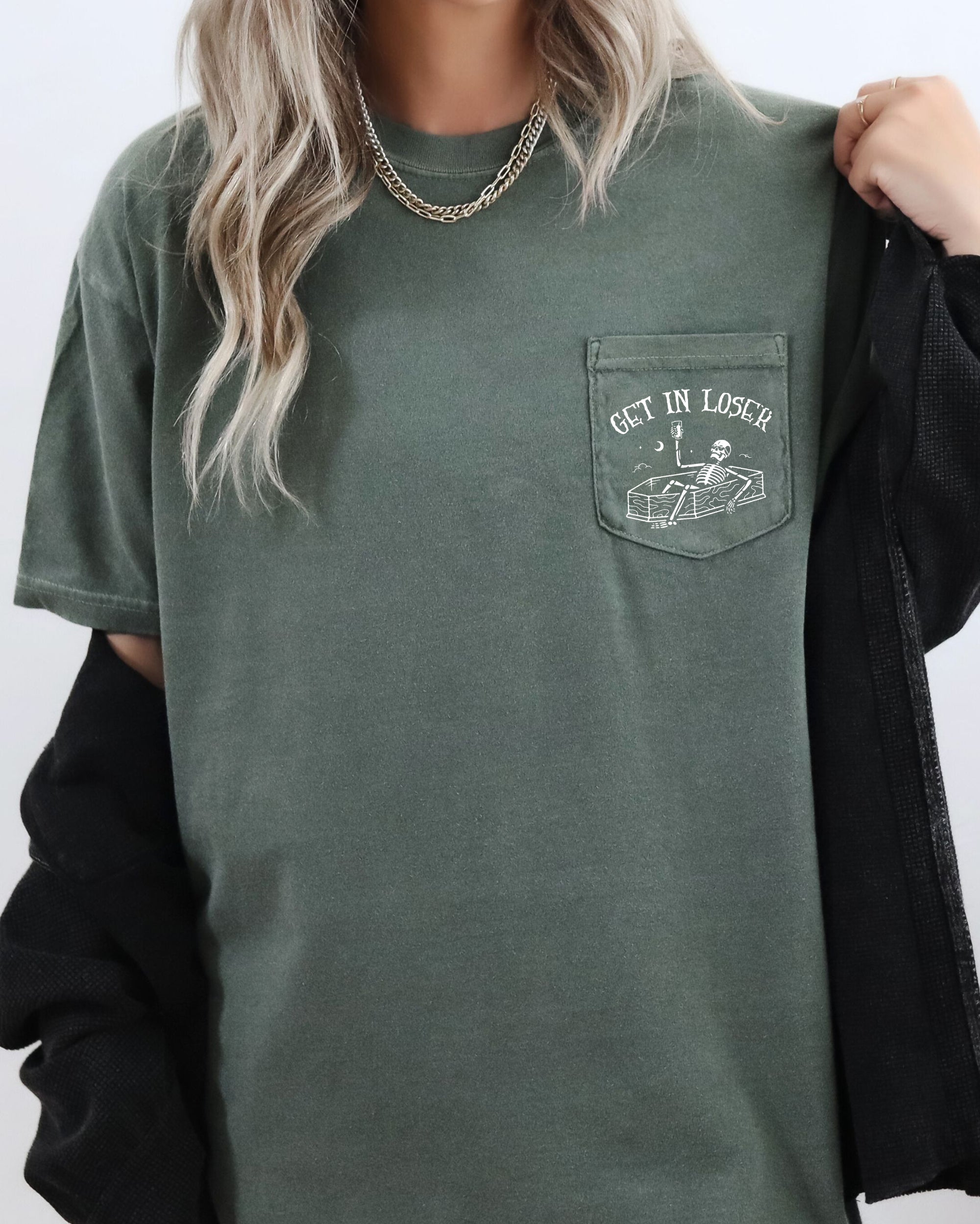 Get In Loser Skeleton Halloween Graphic Pocket Tee Comfort Colors Premium Ring-Spun Cotton Tee