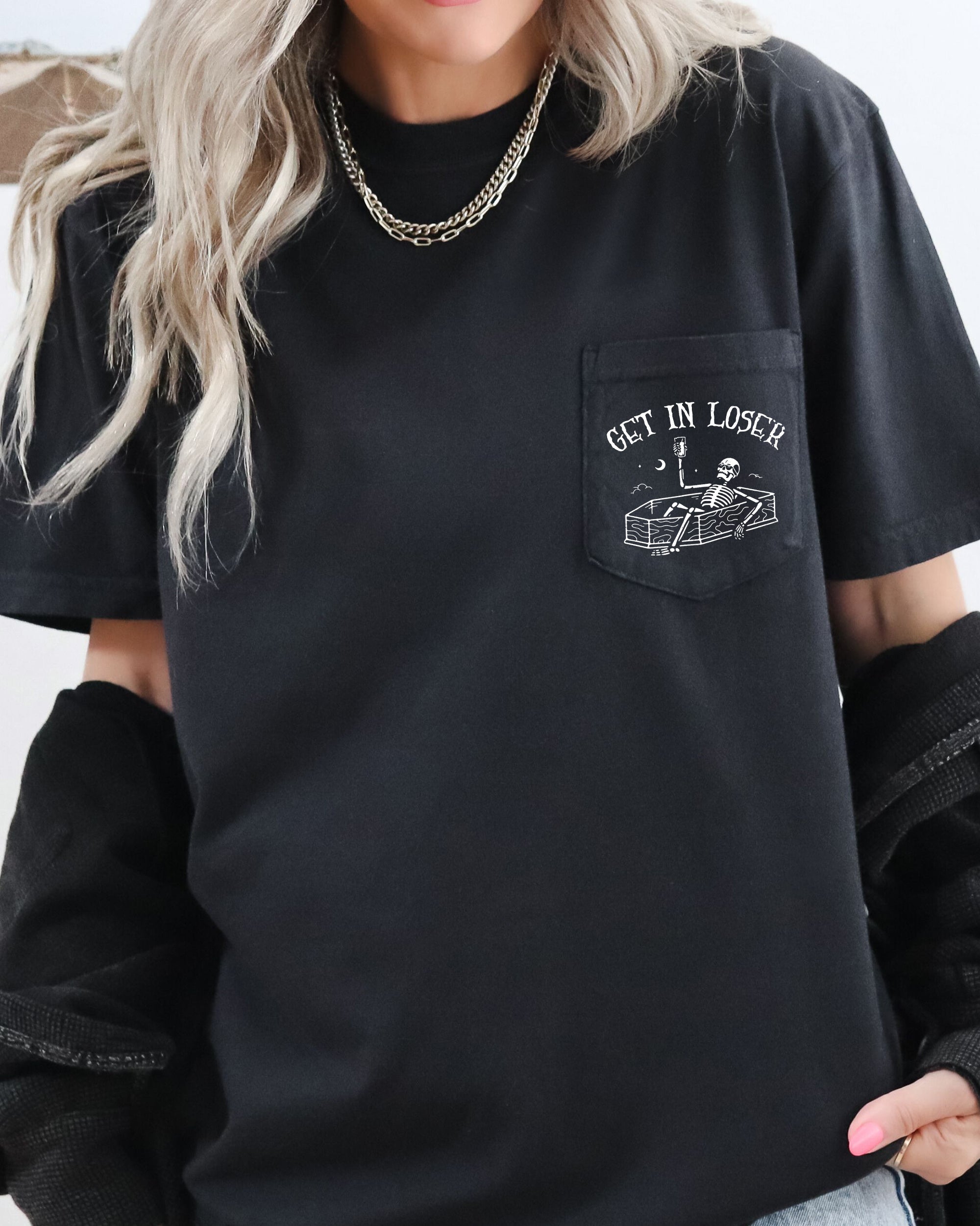 Get In Loser Skeleton Halloween Graphic Pocket Tee Comfort Colors Premium Ring-Spun Cotton Tee