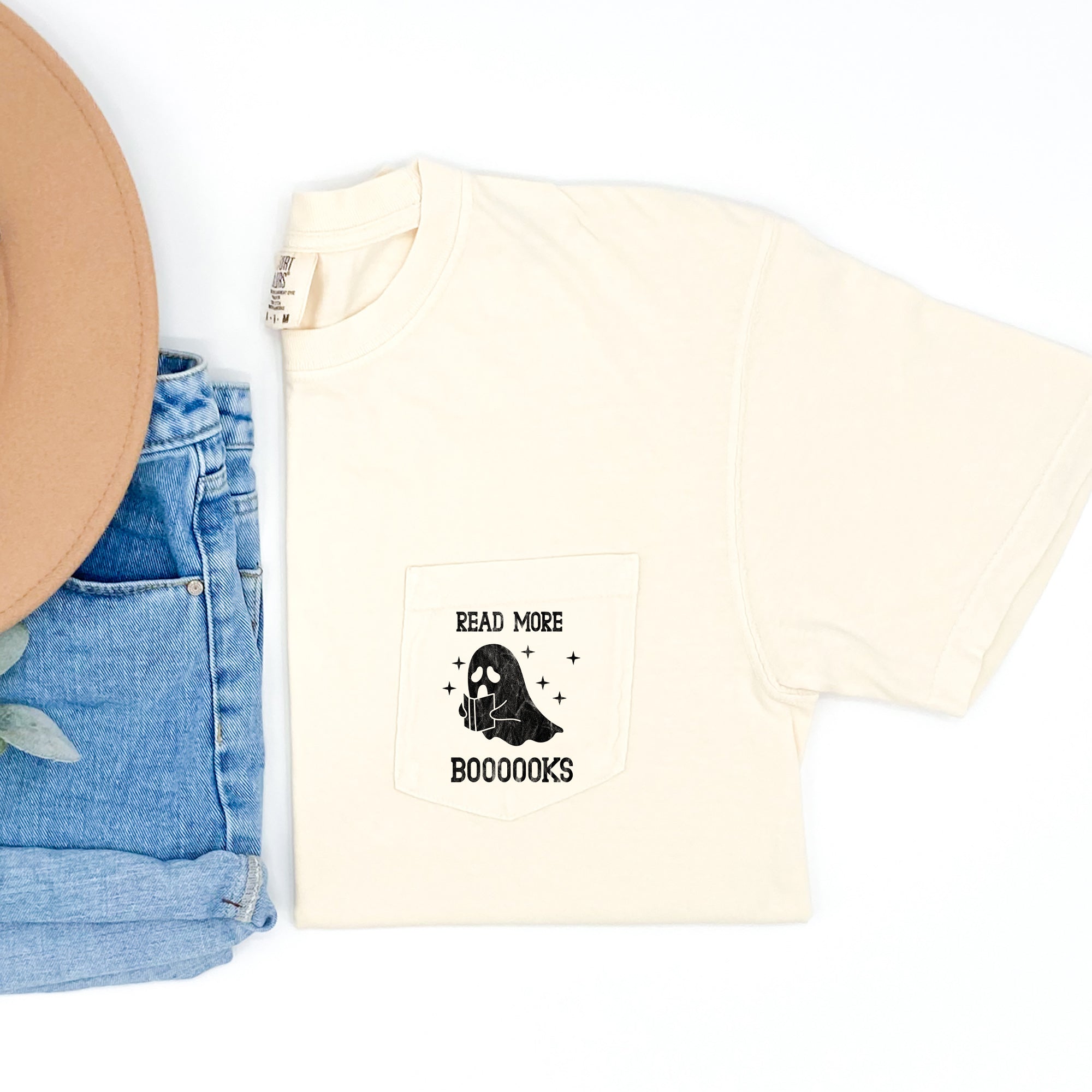 Read More Boooks Halloween Pocket Spooky Print And Playful Typography Comfort Colors Tee