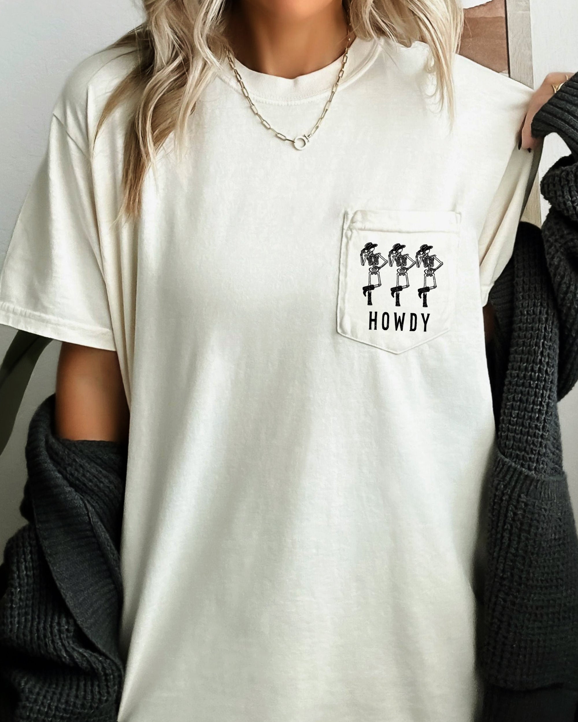 Howdy Skeleton, Cowboy, Halloween Western Vintage Pocket Tee Design For Classic Western Style Comfort Colors Tee