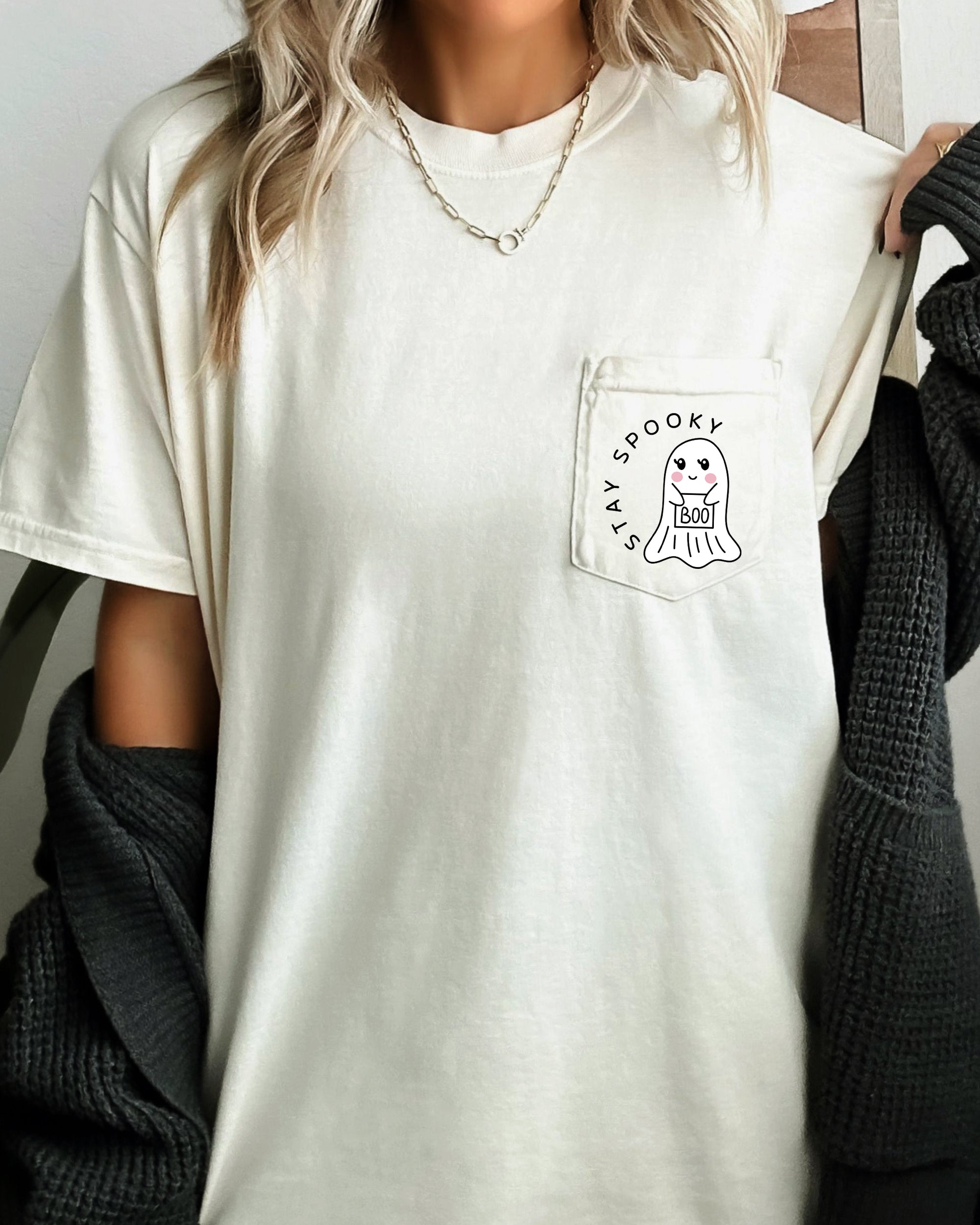 Stay Spooky Ghost Halloween Vintage Pocket Tee Inspired By Classic Autumn Nights And Cozy Nostalgia Comfort Colors Tee